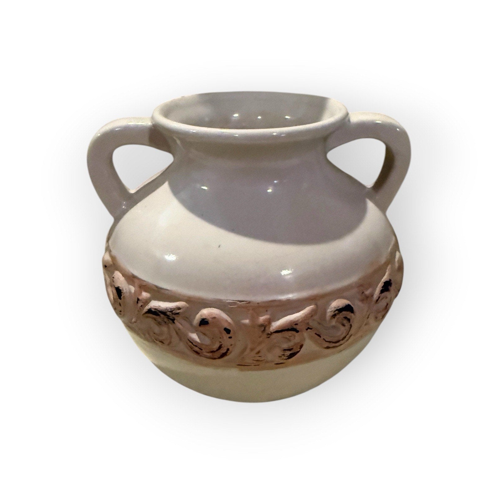 Elegant Expressions Ceramic Planter Cream Scroll Vase 2 Handles Decor