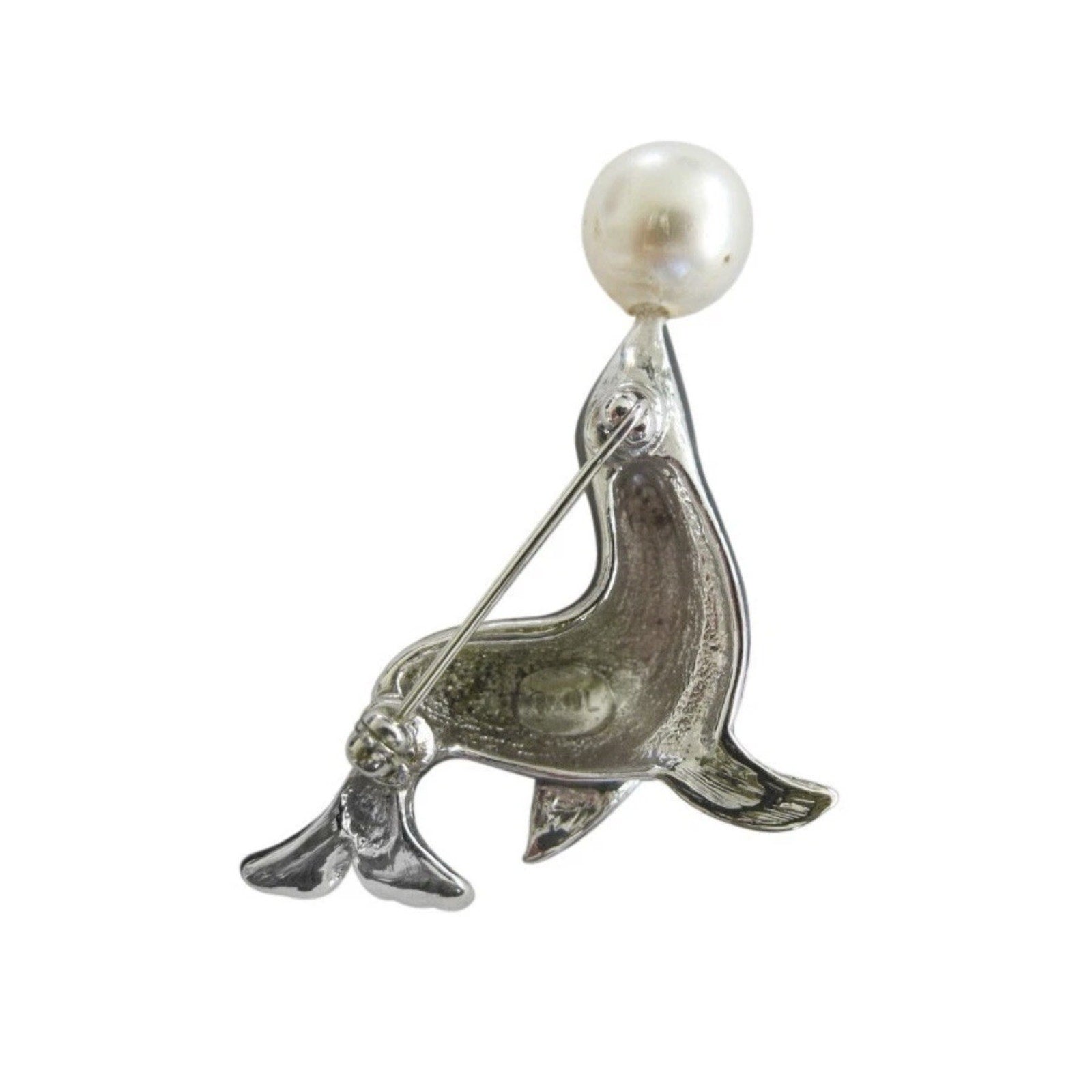 KJL Kenneth Jay Lane Enamel Rhinestone & Pearl Figural Seal Brooch Pin