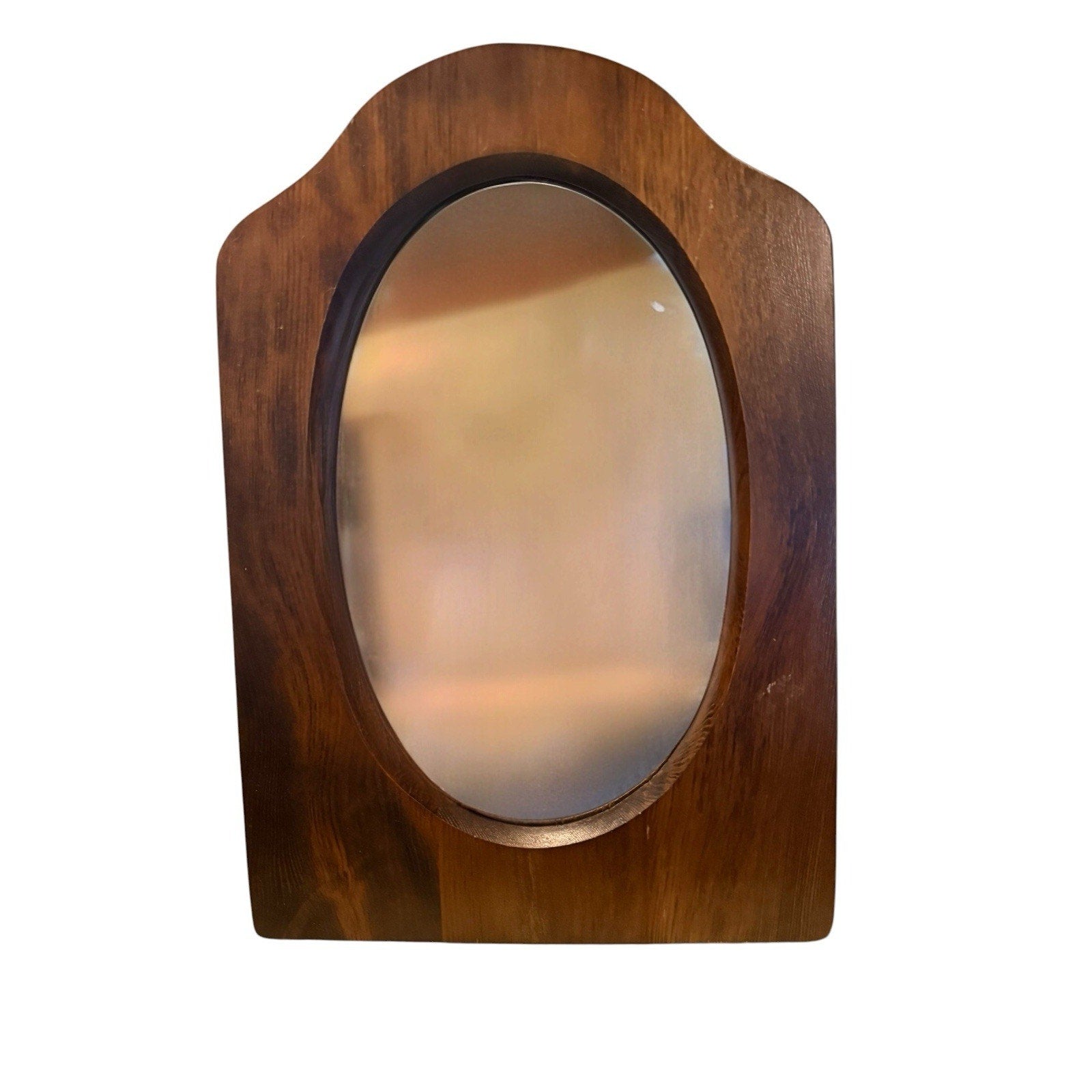 Vintage Brown Wood Frame Accent Wall Mirror 16" X 11" Oval Glass Wall Mount