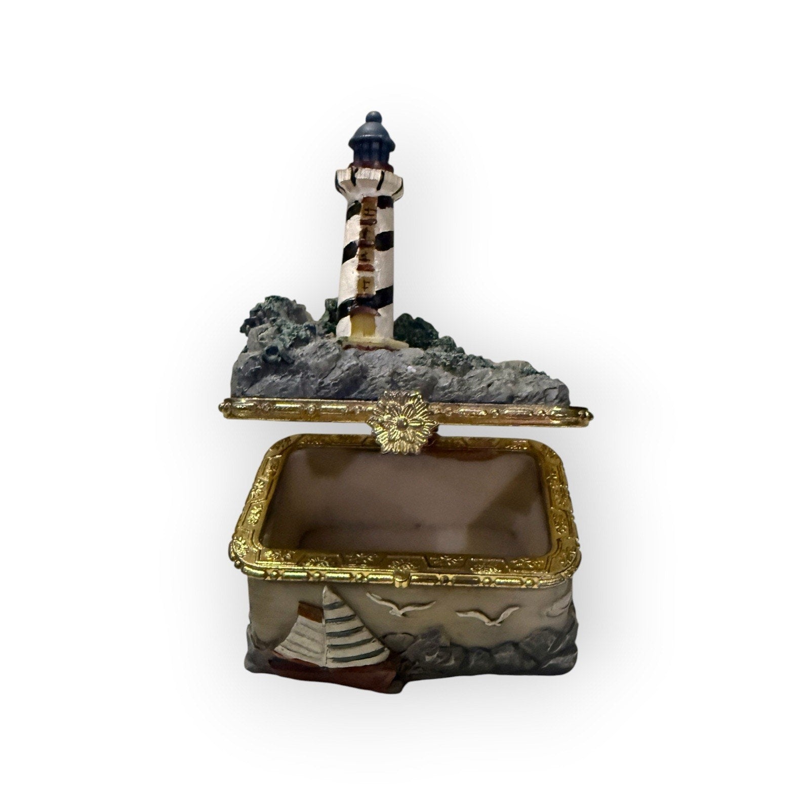 Vintage Resin Lighthouse Trinket Box 5.5"L x 3.75"W x 5"T