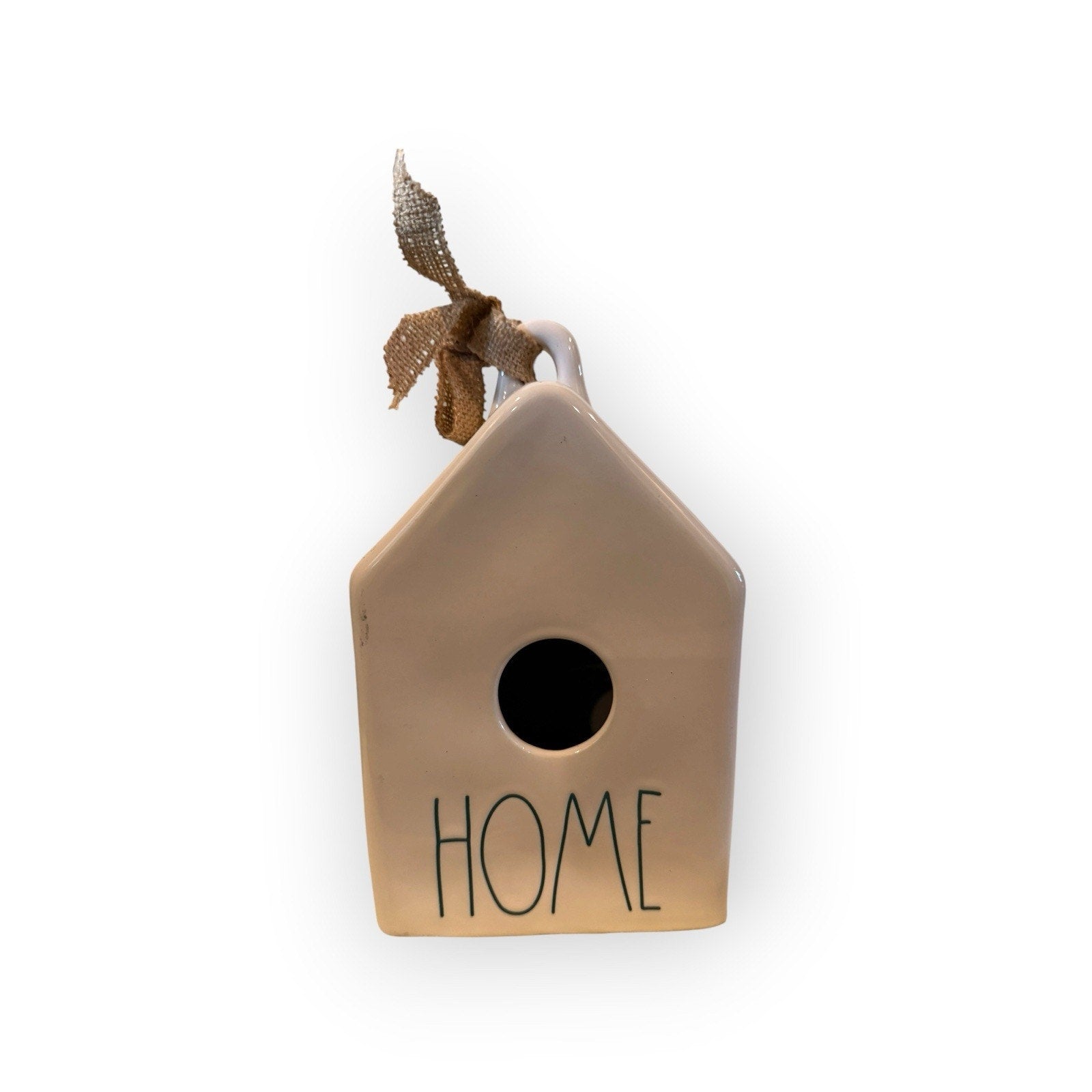 Rae Dunn By Magenta Home Square Ivory Birdhouse GREEN LL Burlap Bow Glossy New