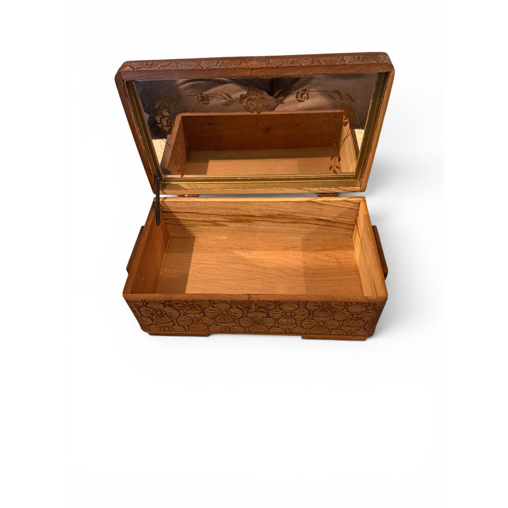 Vintage Hand Carved Wooden Jewelry/Keepsake Box-Floral Carved With Mirror Lid