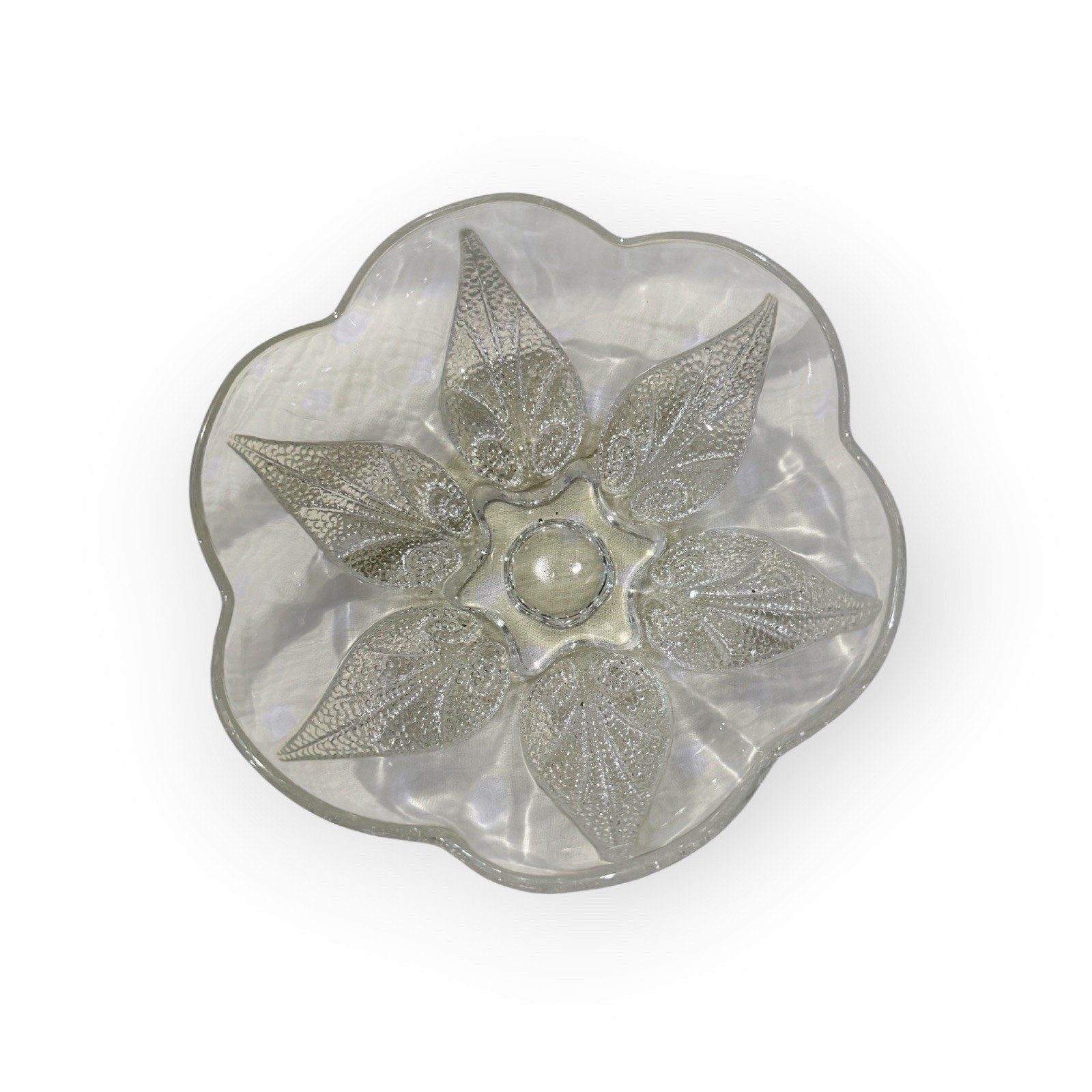 Indiana Glass Clear Trinket Dish, Vintage Leaf Design Candy Bowl, Centerpiece