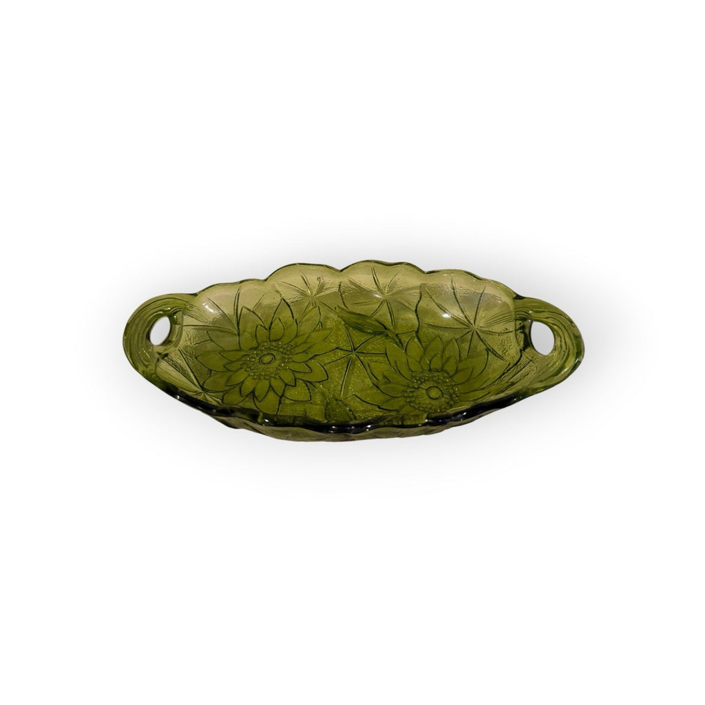 Vintage 1960s Indiana Glass Lily Pon Avocado Green Relish Dish Handles Flowers