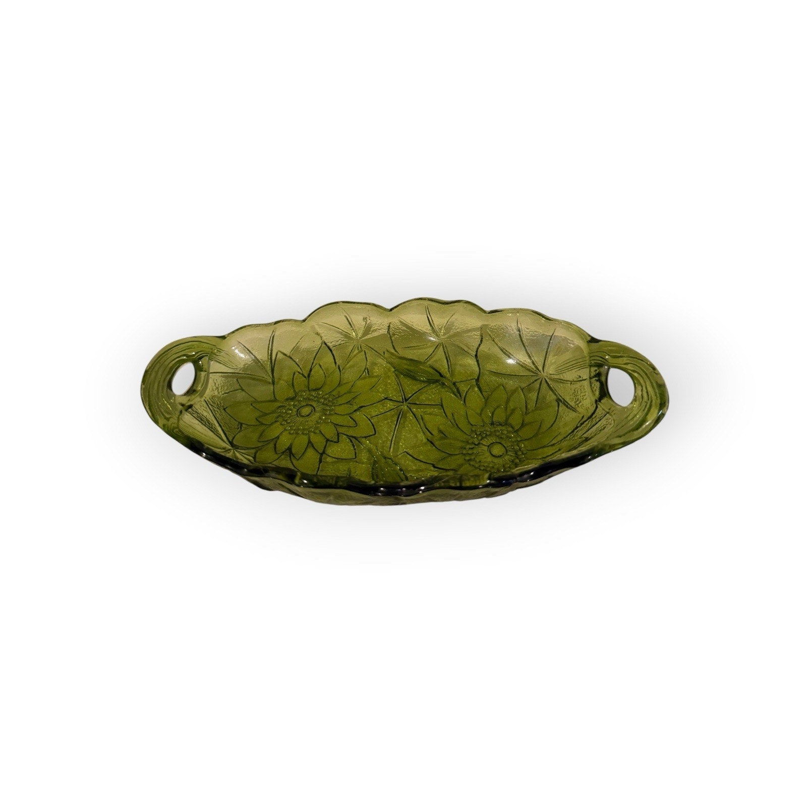 Vintage 1960s Indiana Glass Lily Pon Avocado Green Relish Dish Handles Flowers