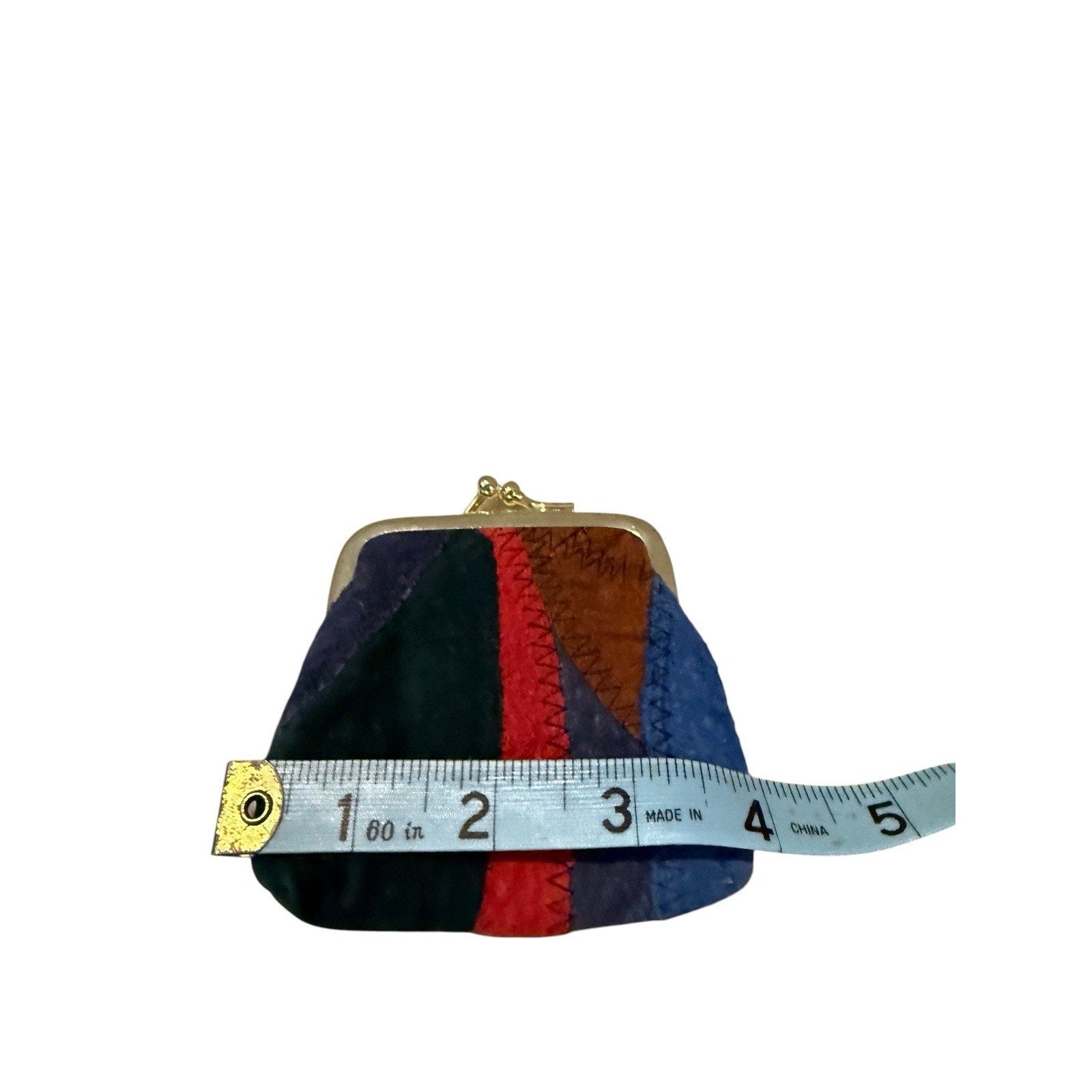 Vintage Multicolor Suede Coin Purse Kiss Lock Closure & Keyring Retro Patchwork