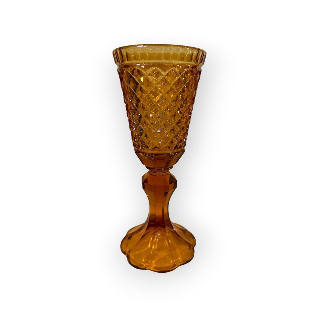 Amber pressed glass compote or vase with diamond point pattern
