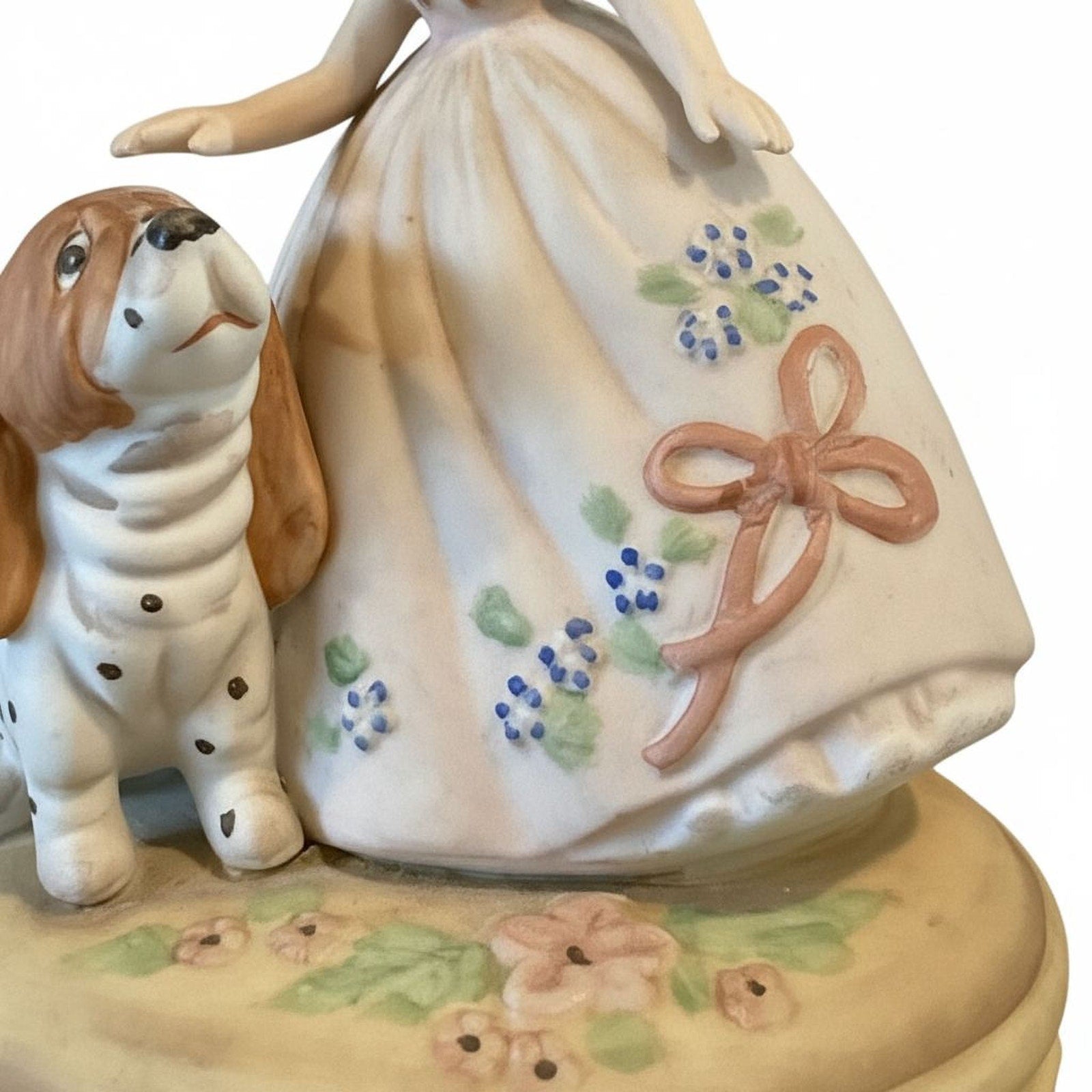Vintage 1970s Girl with Dog Music Box - Hand-Painted Porcelain Figurine
