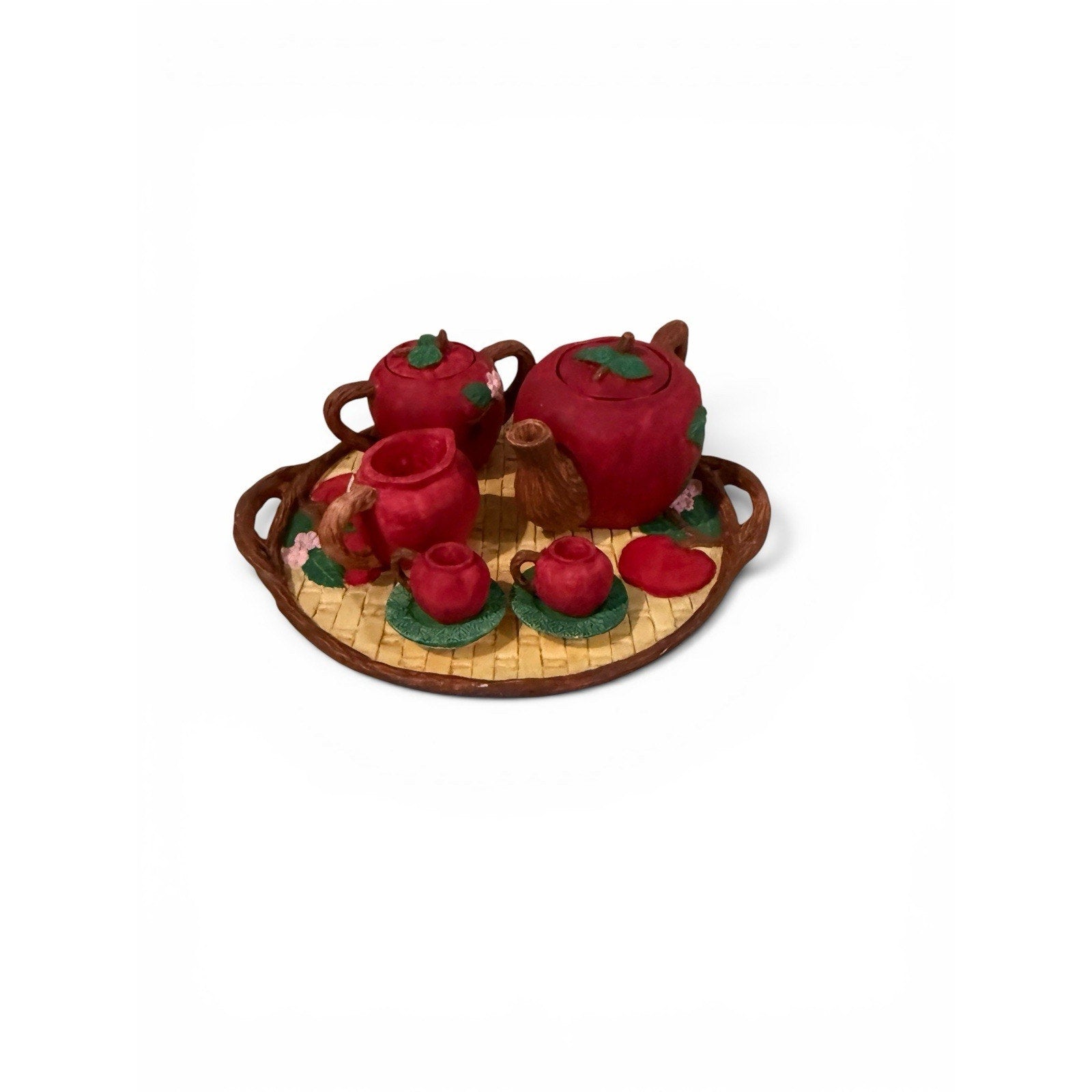 VTG Miniature Apple Tea Set Woven Wicker Look Round Tray Design FREE SHIPPING