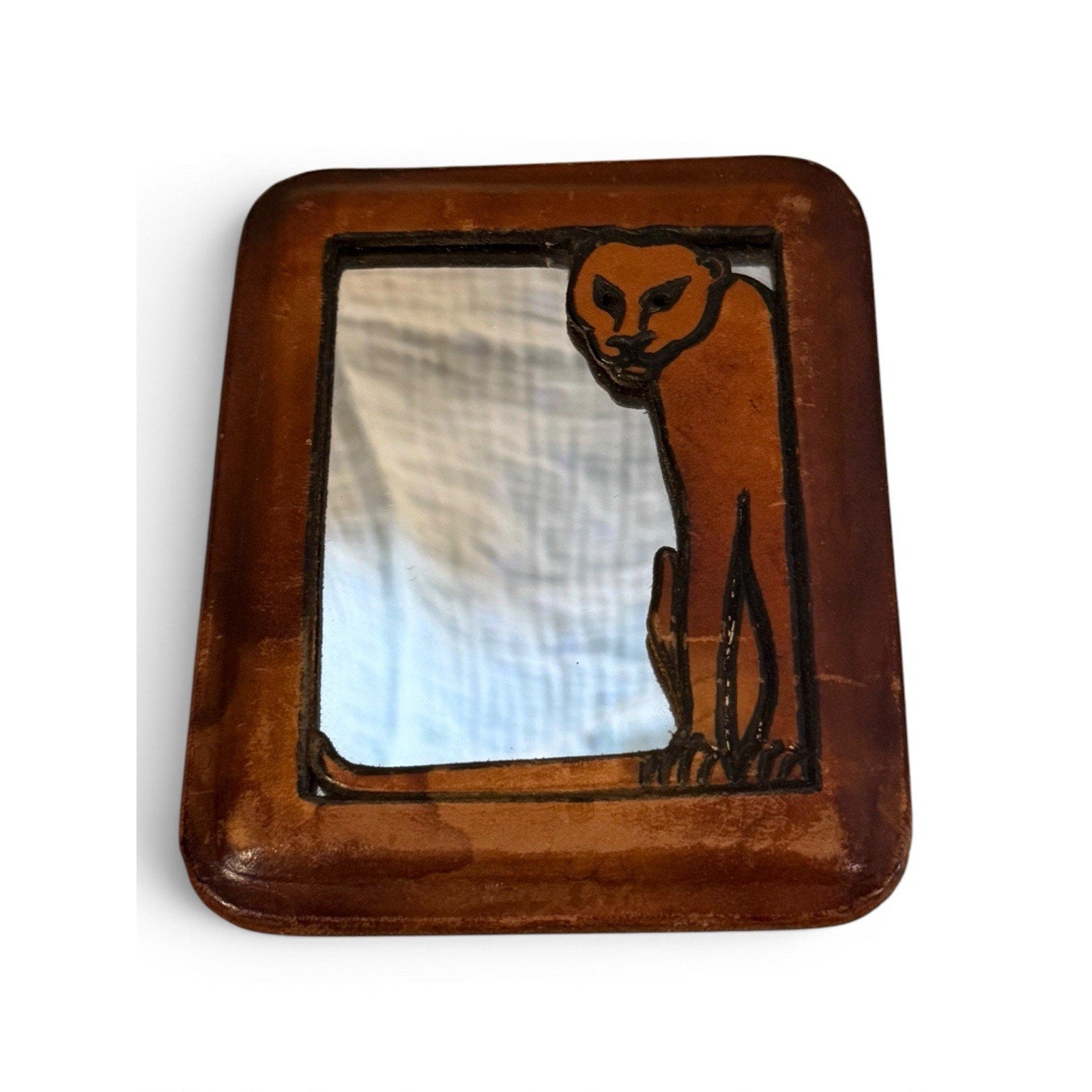 VTG Tooled Leather Mirror With Cat (Sphinx)