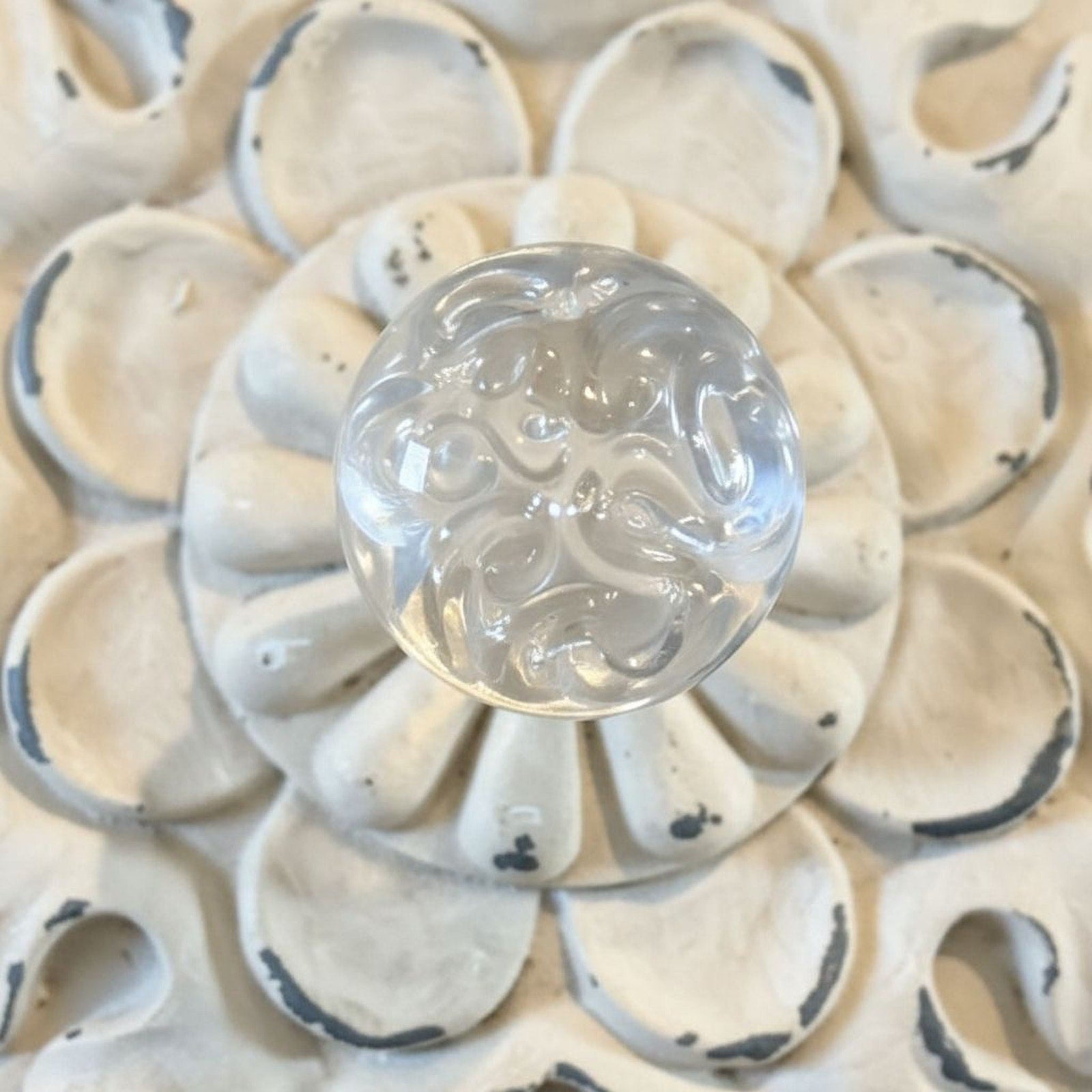 Decorative Wall Rosette - Floral Resin Medallion with Clear Glass Knob