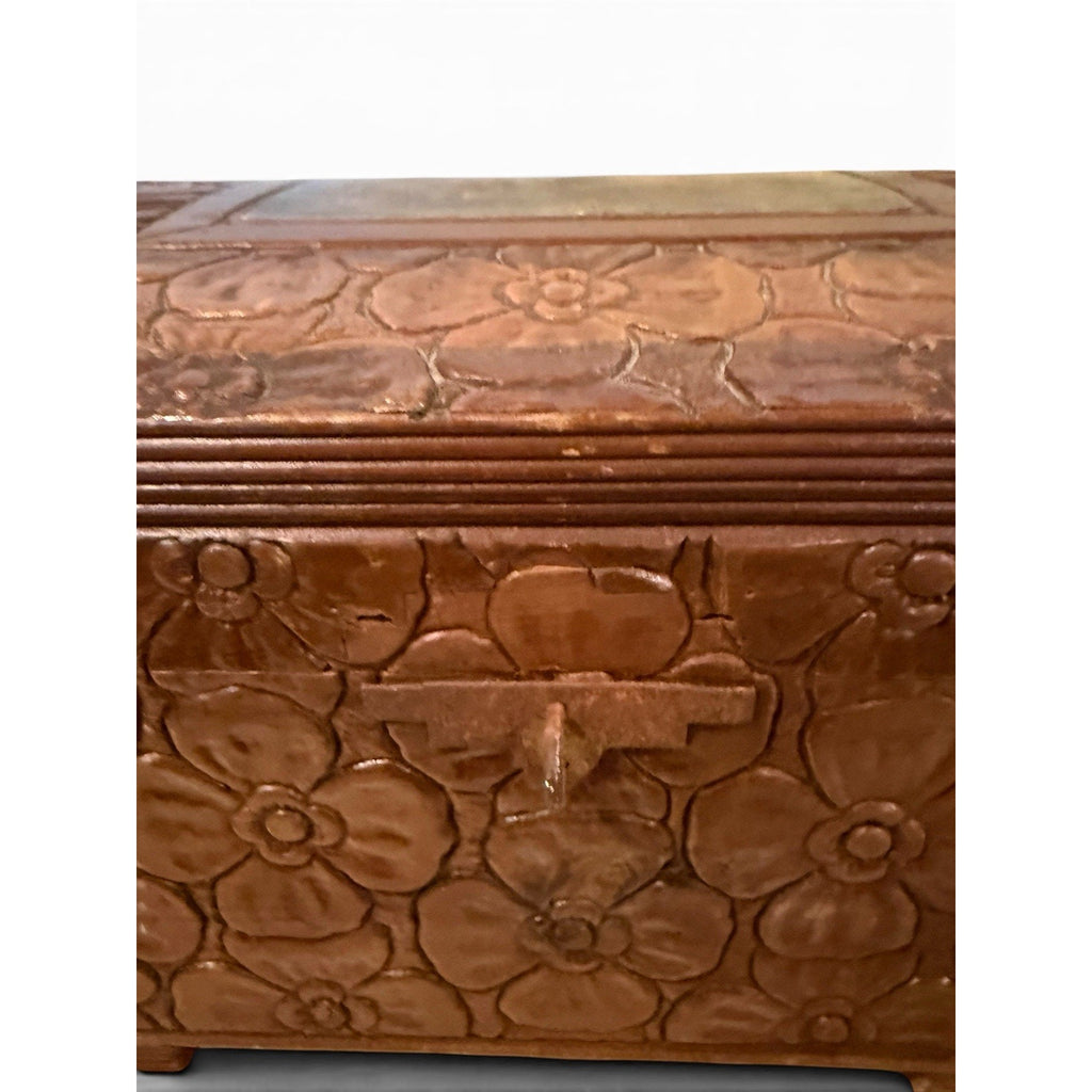 Vintage Hand Carved Wooden Jewelry/Keepsake Box-Floral Carved With Mirror Lid