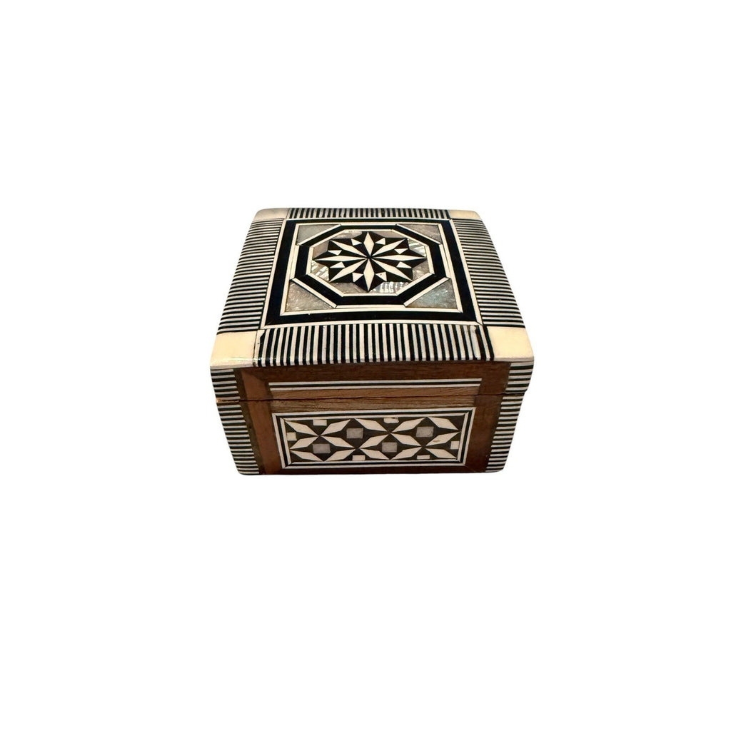 Egyptian Inlaid Mother of Pearl Beech Wood Handmade Squares Jewelry Trinket Box