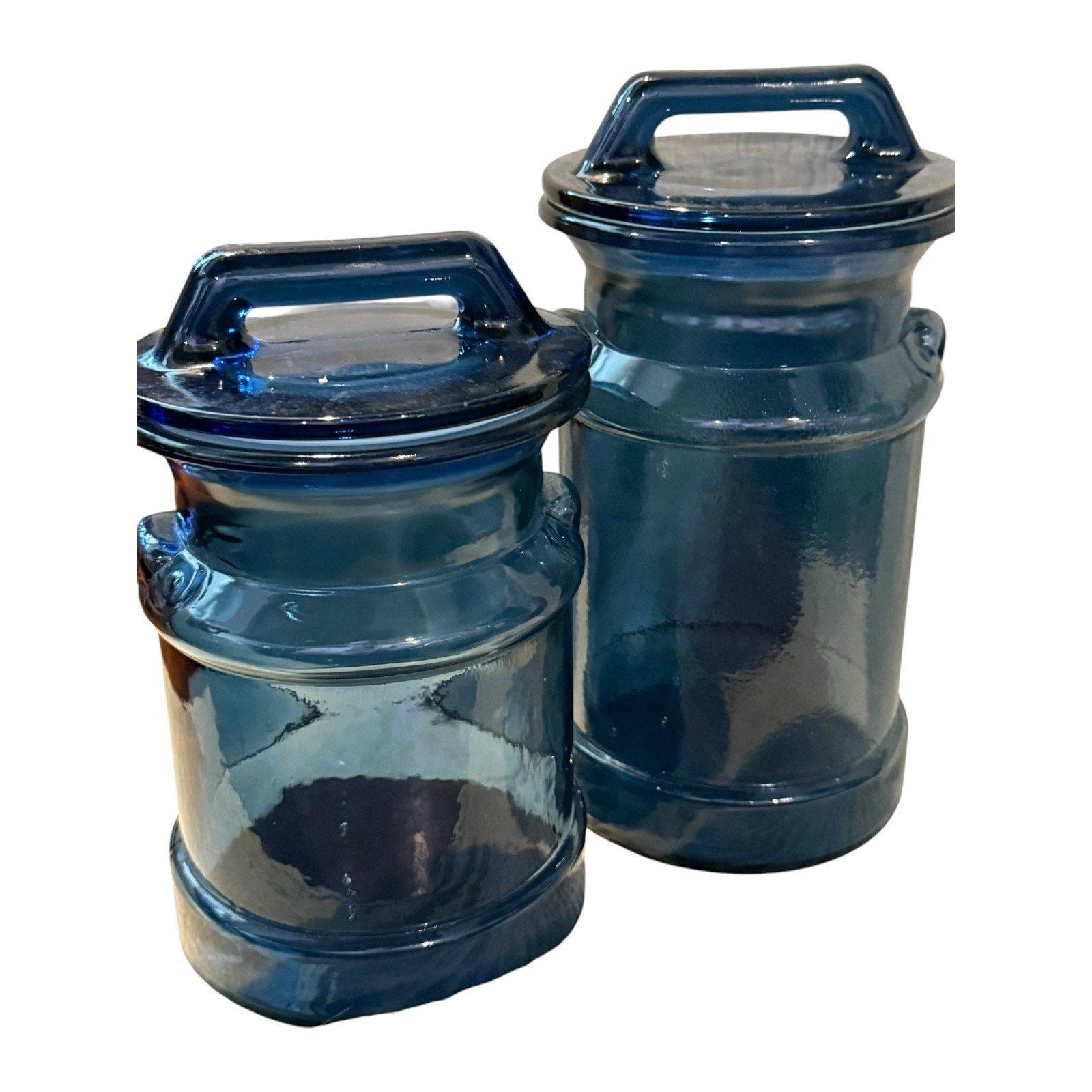 Vintage L.E. Smith Cobalt Blue Glass Milk Can Jug Canister 11” & 9”Set of 2
