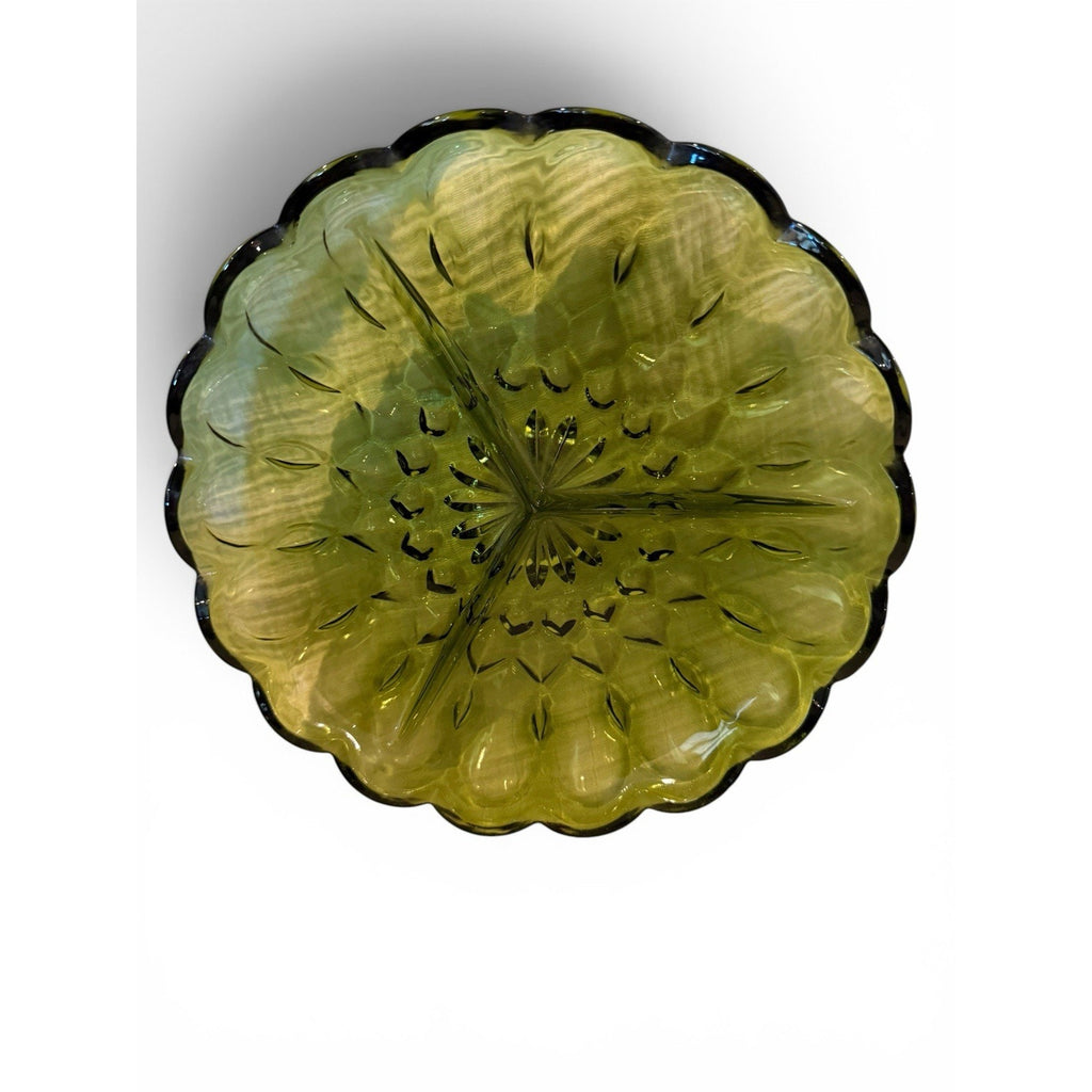 Vtg Anchor Hocking Fairfield Divided Relish Dish Avocado Green Scallop Edge 8"