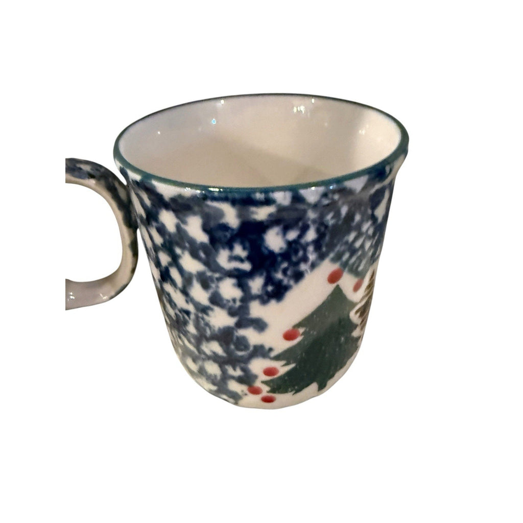 Tienshan Folk Craft Cabin In The Snow 2 Coffee Mugs Spongeware Christmas Cups