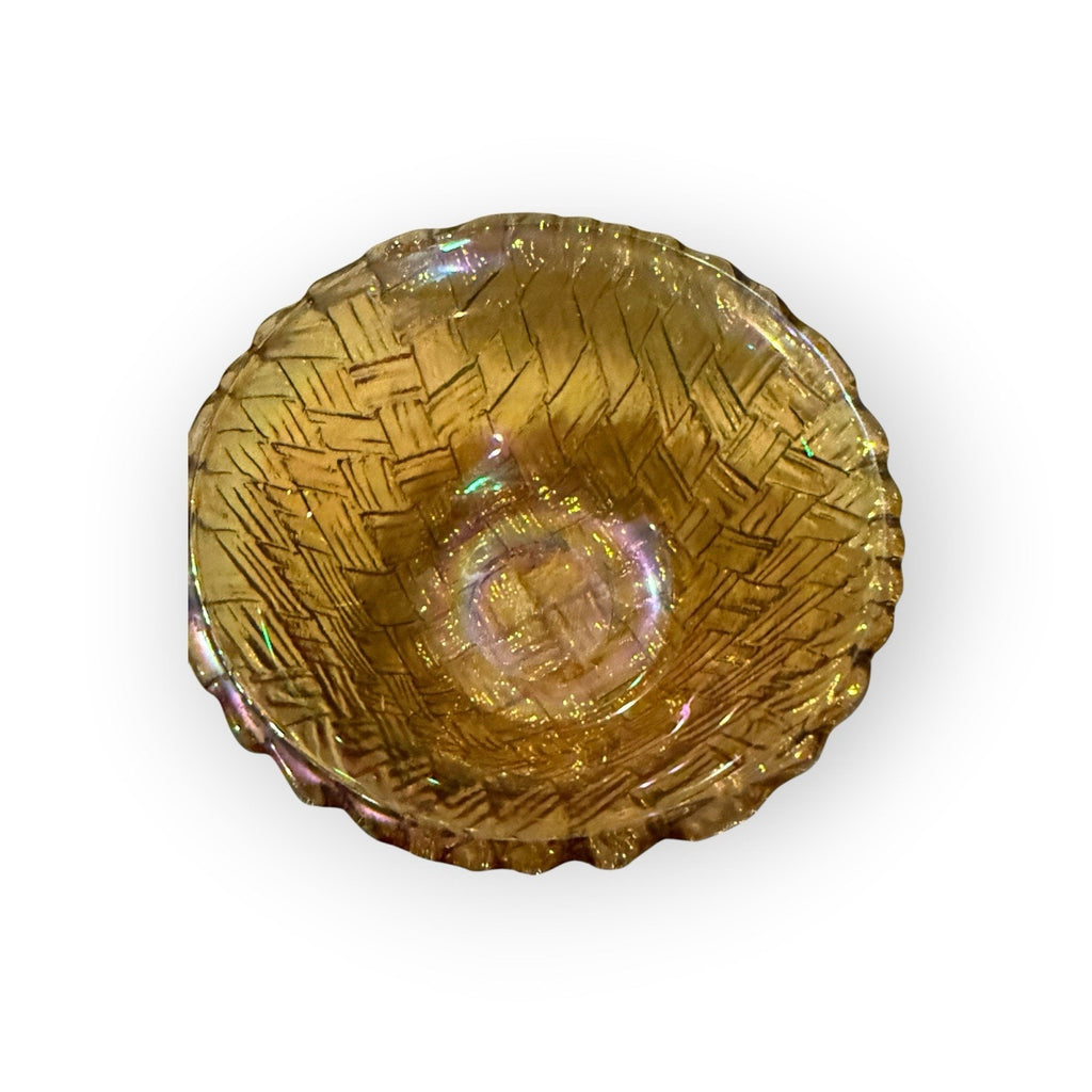 Vintage Indiana Glass Iridescent Amber Carnival Glass Basket Weave Bowl Small