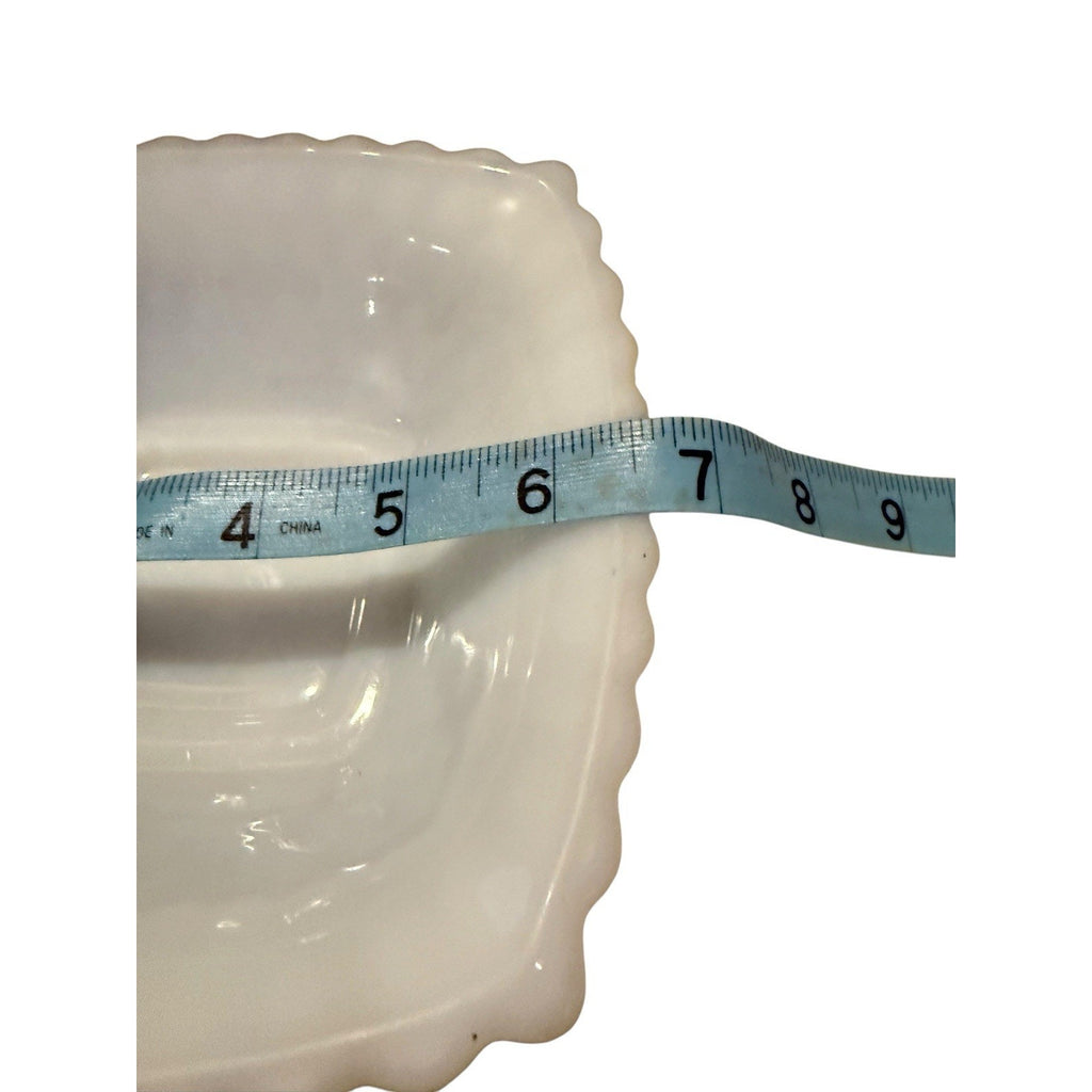 White Milk Glass Square Bowl Scalloped Edge Glossy Finish Decorative