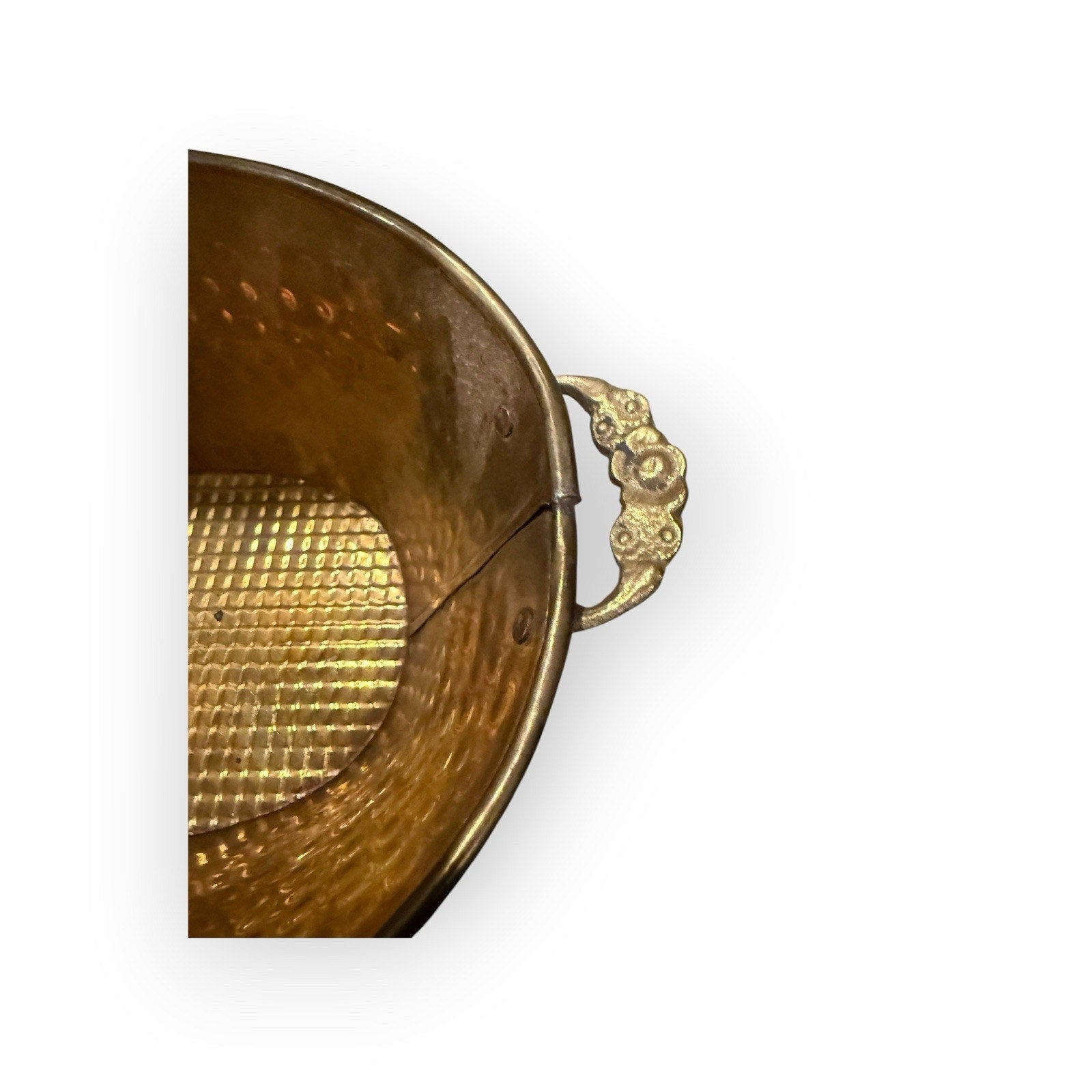 Vintage Footed Brass Hammered Oval Pot Basket Tray Planter Handles Classic