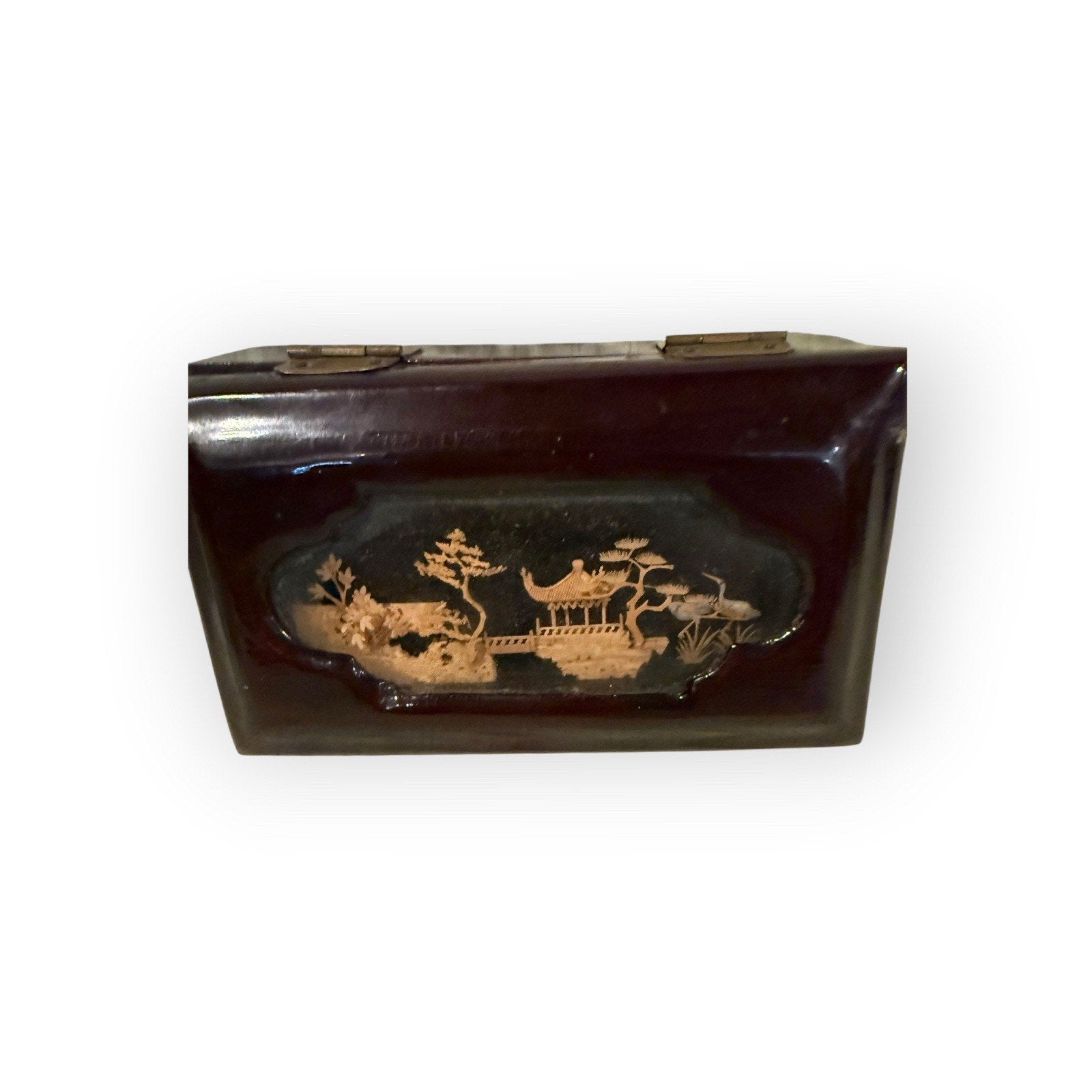 Chinese Handmade Wooden Box Scenic Motif Red Lined Interior 5.5 x 3 x 2 in