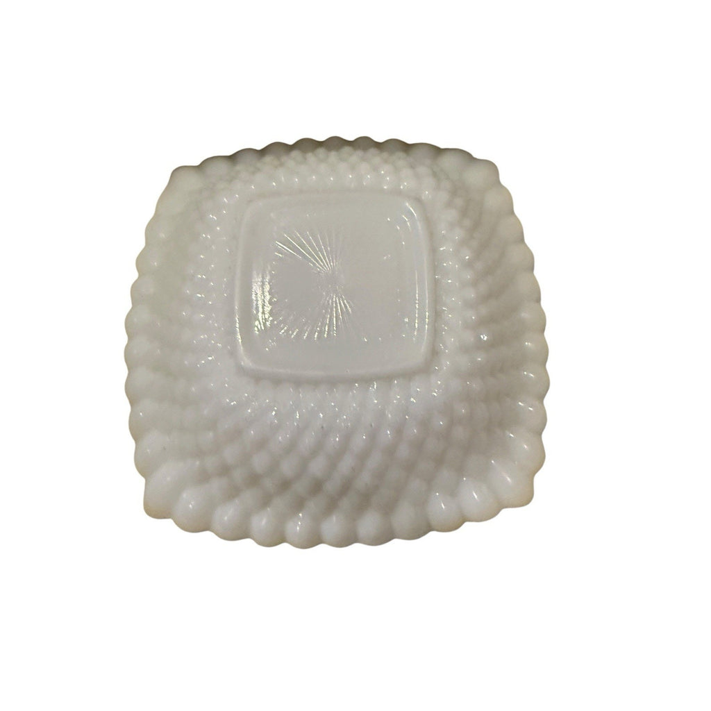 White Milk Glass Square Bowl Scalloped Edge Glossy Finish Decorative