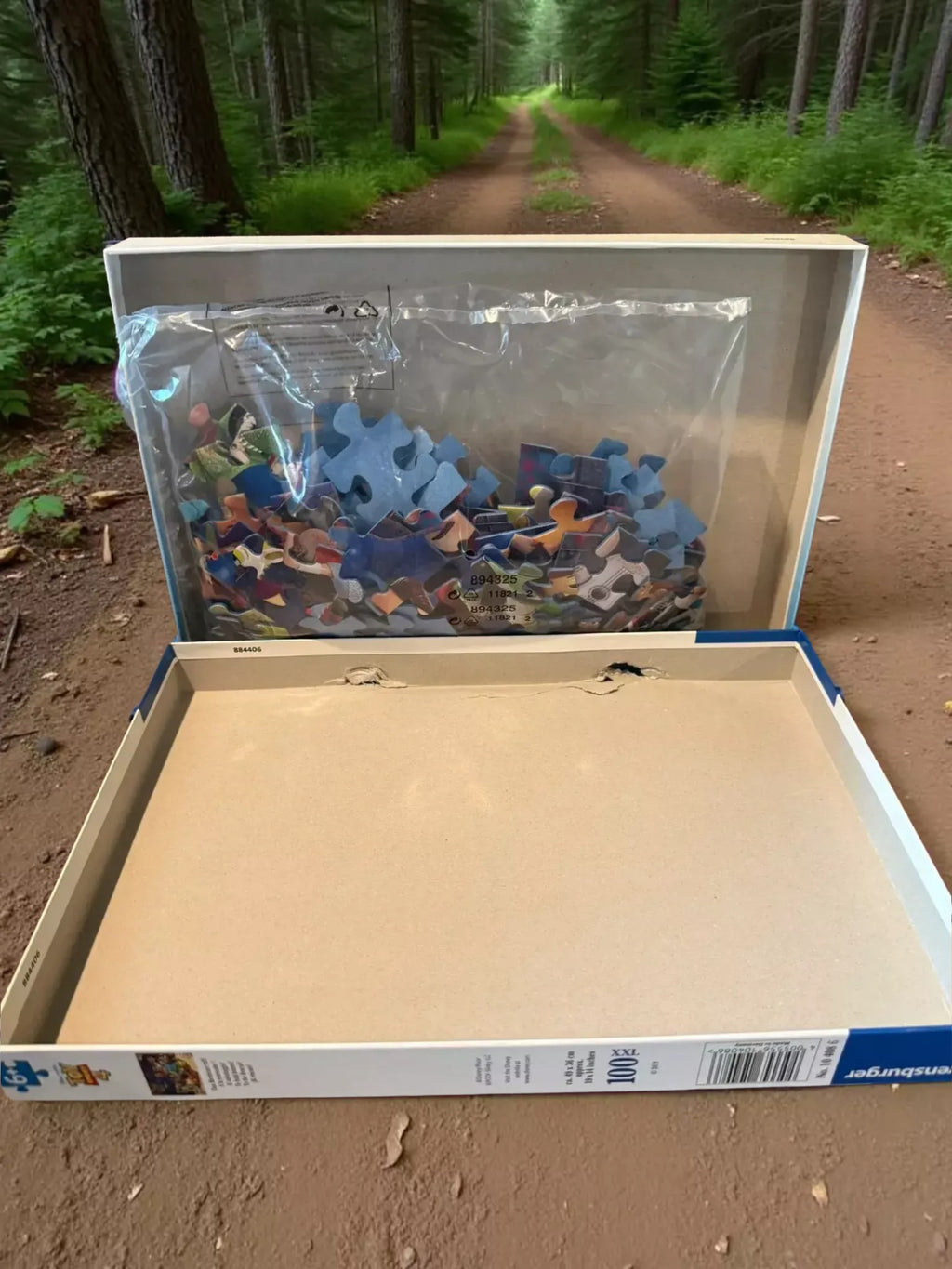 An open puzzle box containing a bag of puzzle pieces, placed on a dirt path surrounded by trees.