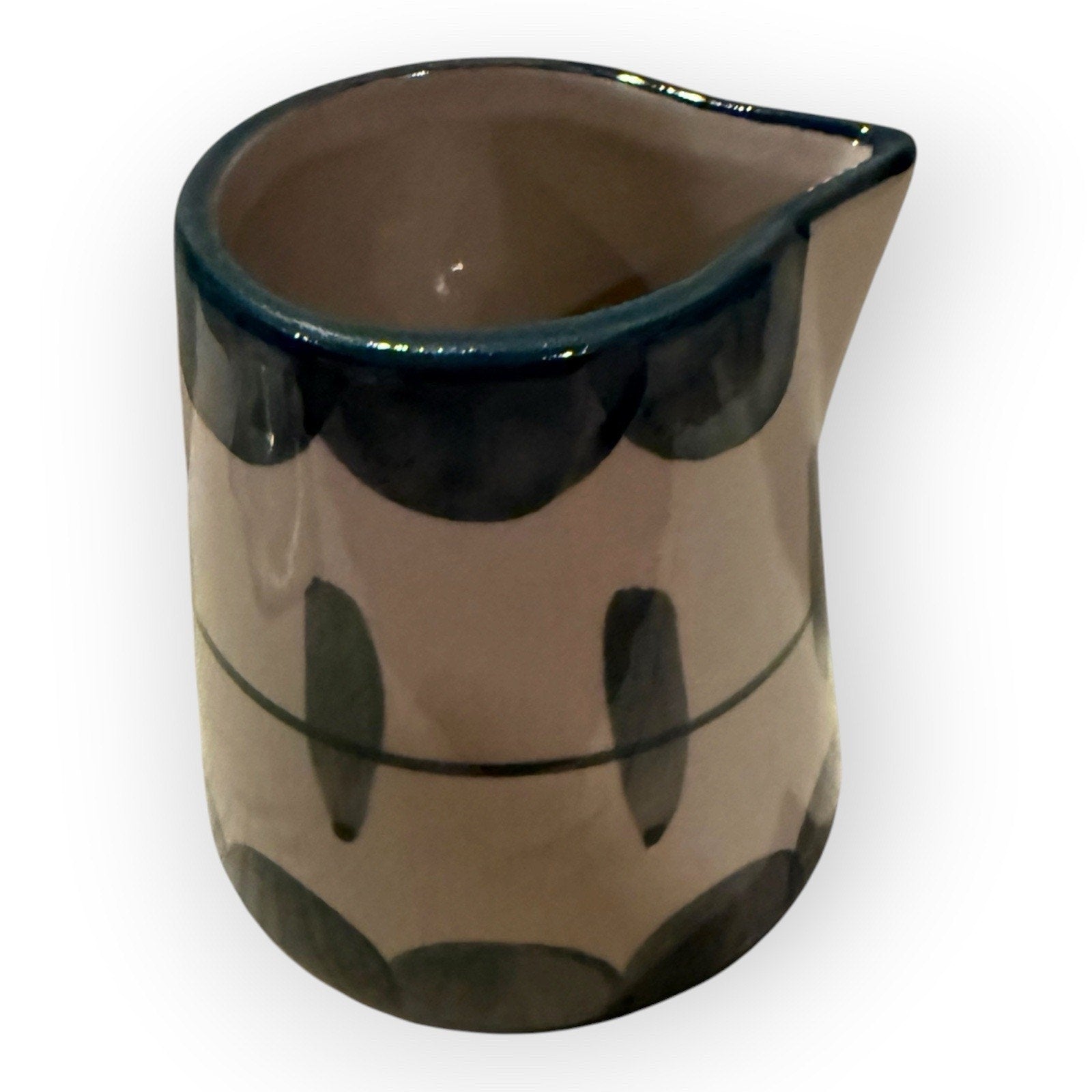 Creative Co-Op Stoneware Creamer with Painted Designs and Bamboo