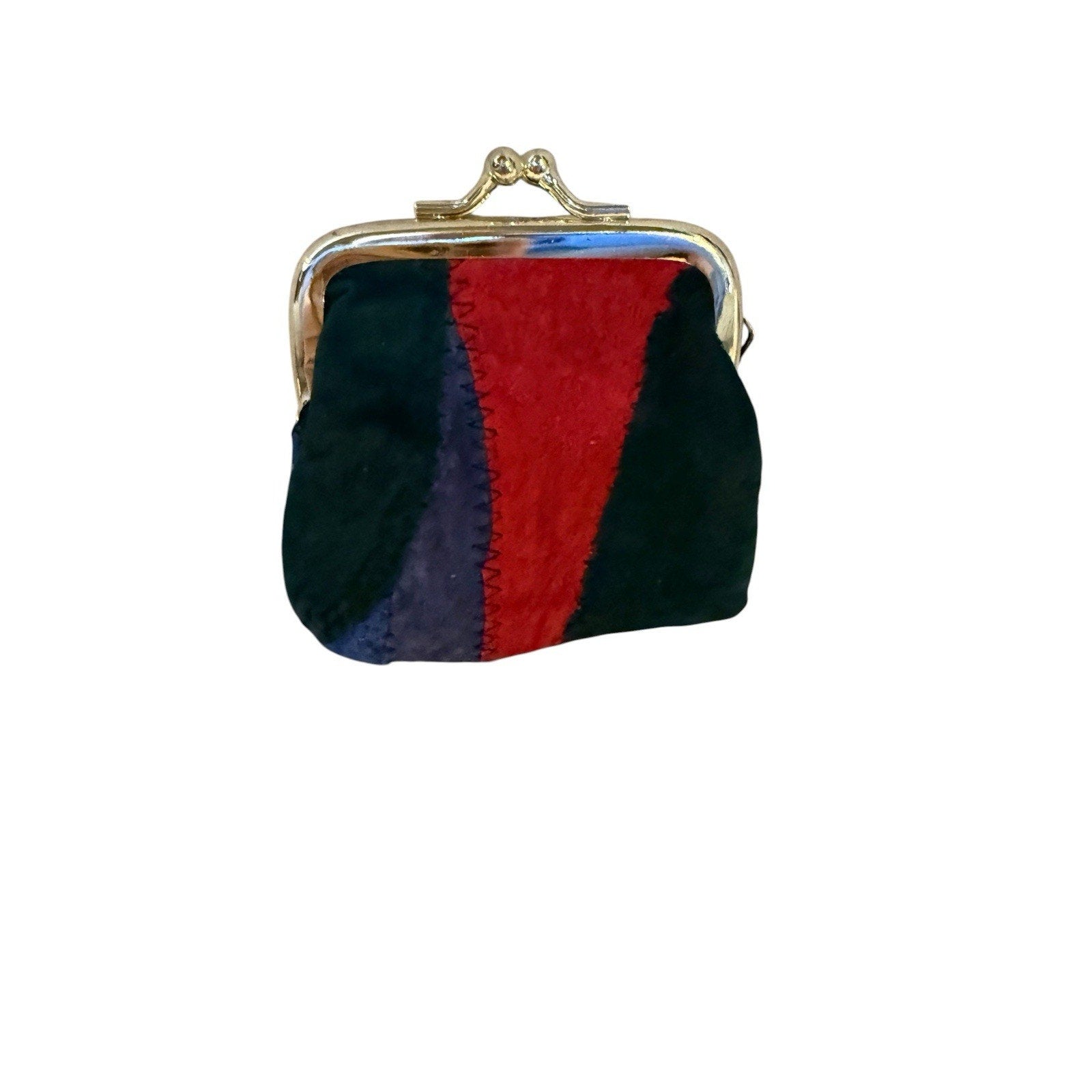 Vintage Multicolor Suede Coin Purse Kiss Lock Closure & Keyring Retro Patchwork