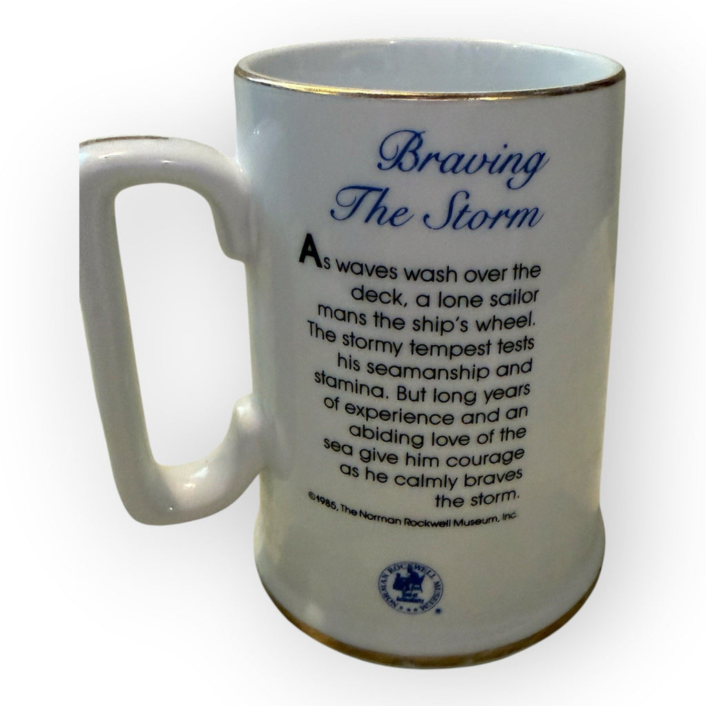 VTG 1985 Norman Rockwell Braving the Storm Coffee Mug Cup Gold Trim