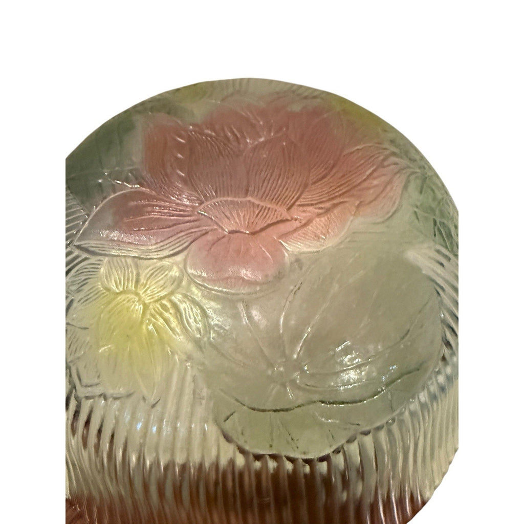 Ribbed Glass Fruit Bowl with Colored Flowers on the Bottom ~ 9.5"