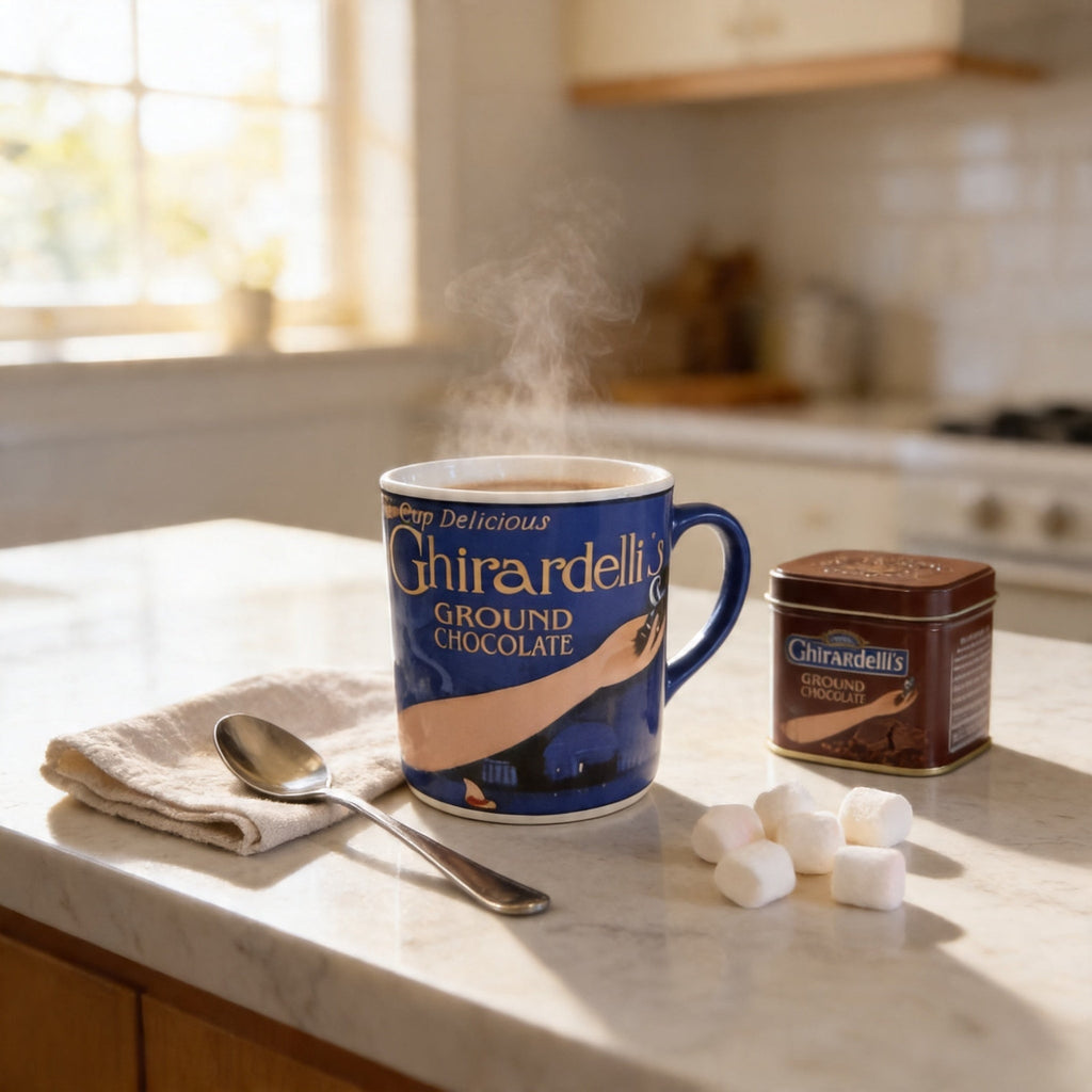 Blue Ceramic Mug – Durable Stoneware Coffee Cup With Girardelli Chocolate Print