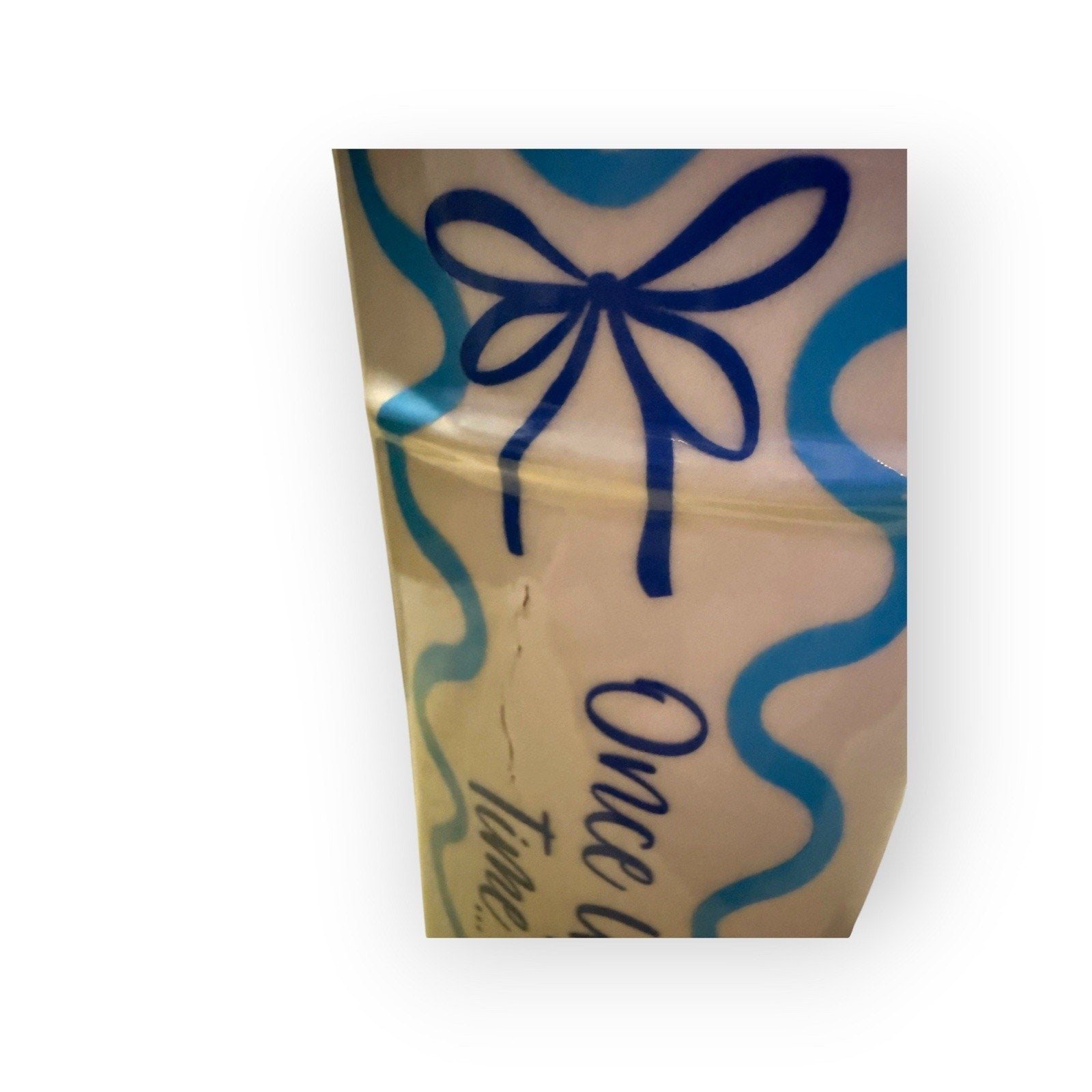 White & Blue Glossy Ceramic Rectangular Flower Vase "Once Upon a Time" Text