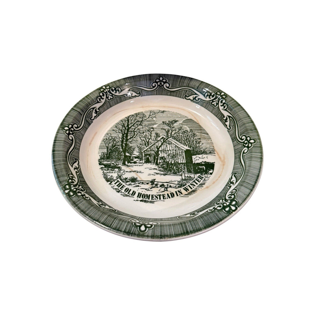 Vintage Royal China Currier & Ives Old Homestead in Winter Pie Plate Green