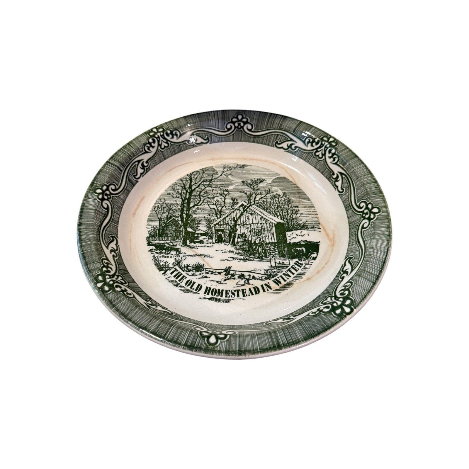 Vintage Royal China Currier & Ives Old Homestead in Winter Pie Plate Green