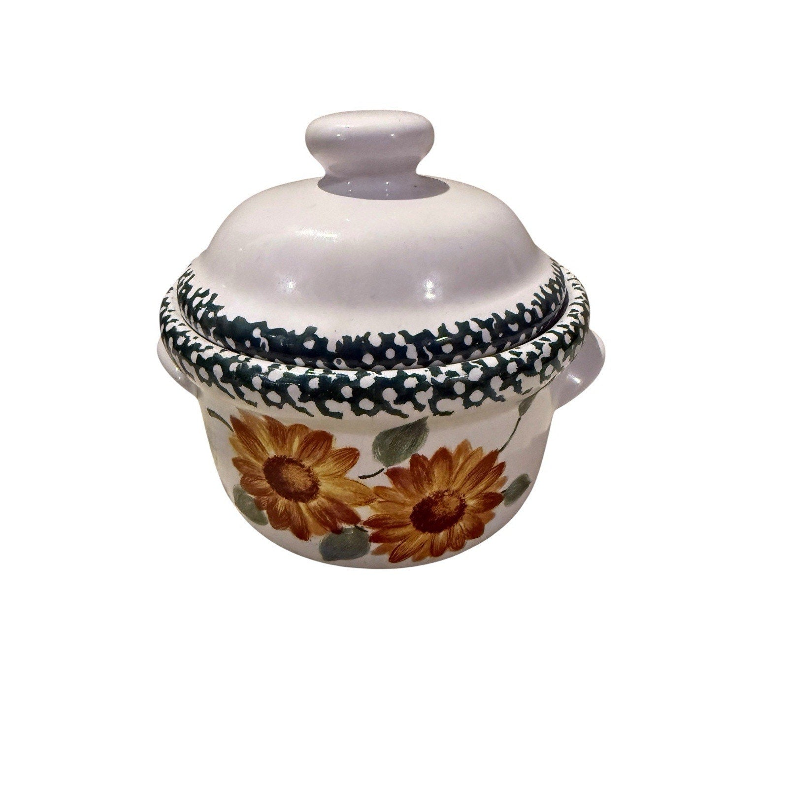 VTG Soup Crock Sunflowers Spongeware Green Handled Lidded Chili Dish Single