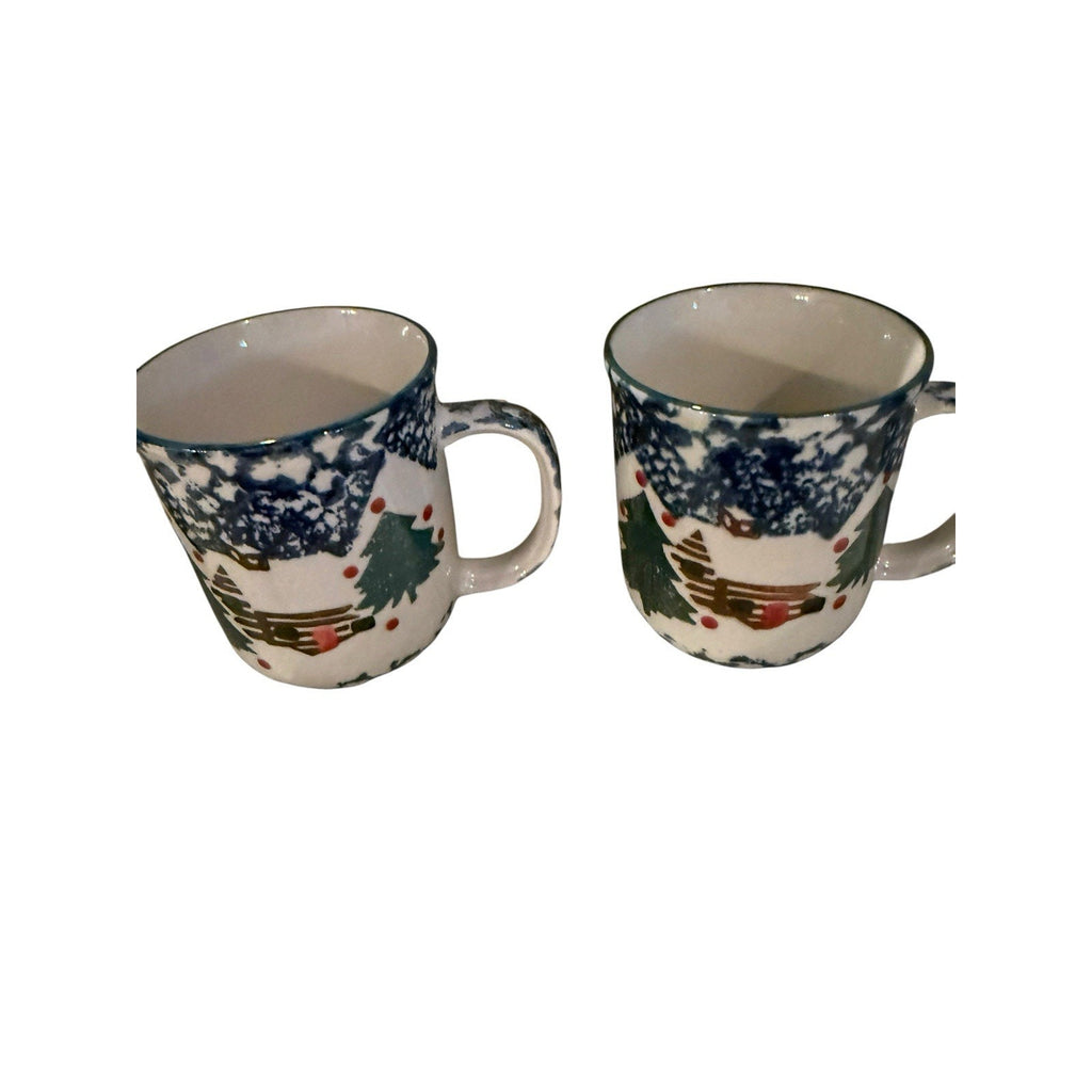Tienshan Folk Craft Cabin In The Snow 2 Coffee Mugs Spongeware Christmas Cups