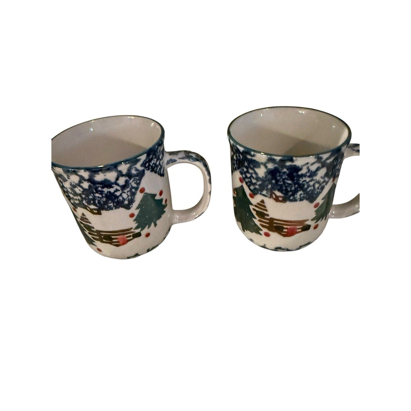 Tienshan Folk Craft Cabin In The Snow 2 Coffee Mugs Spongeware Christmas Cups