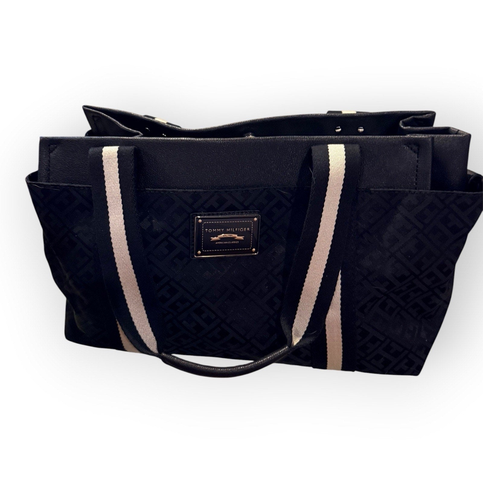 Tommy Hilfiger Black TH Logo Jacquard Tote Bag Handbag Purse Vtg