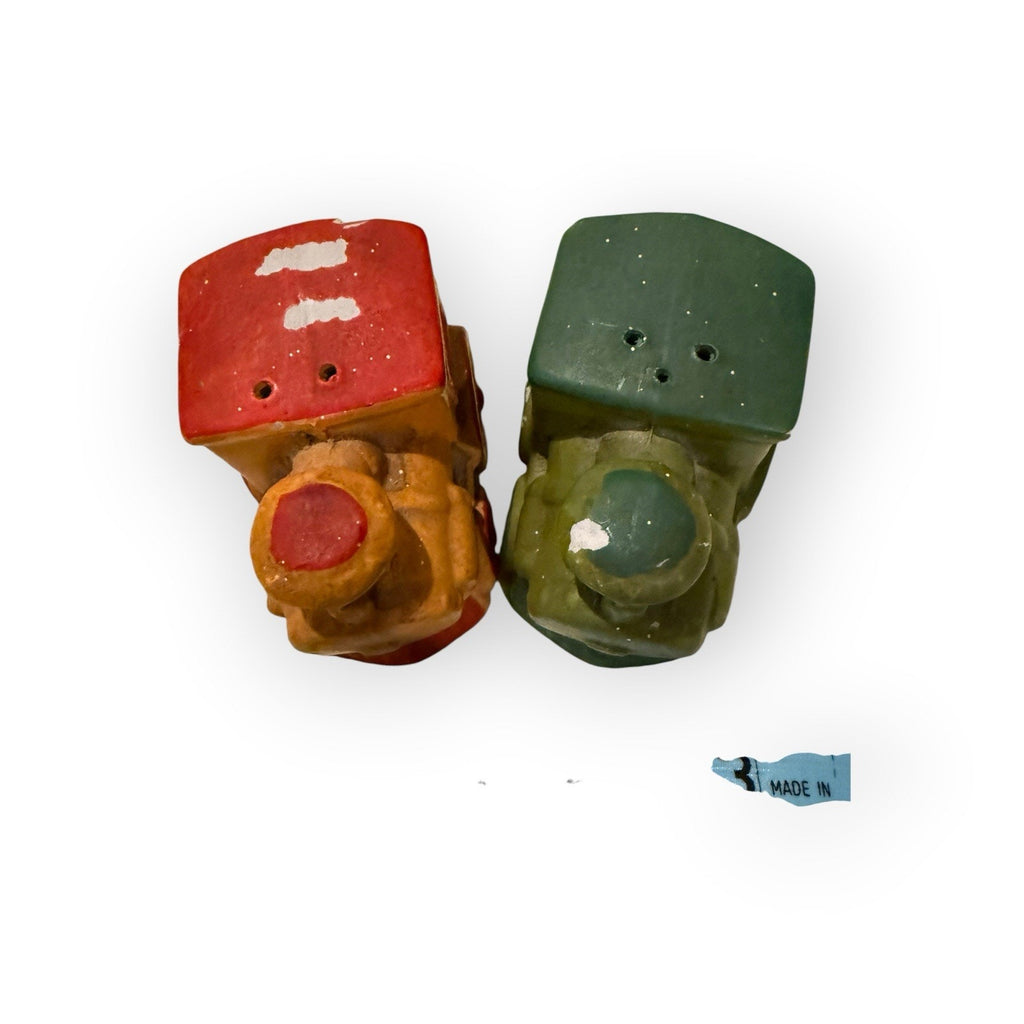 Train Engine Salt & Pepper Shakers Vintage Ceramic Orange Green made in Japan