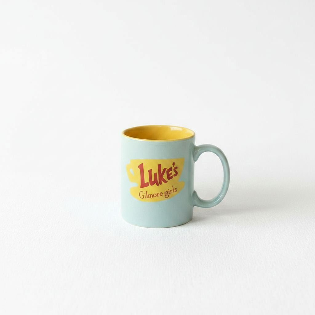 A light blue mug with a yellow interior, featuring the text "Luke's Galmore girls" in a stylized font.
