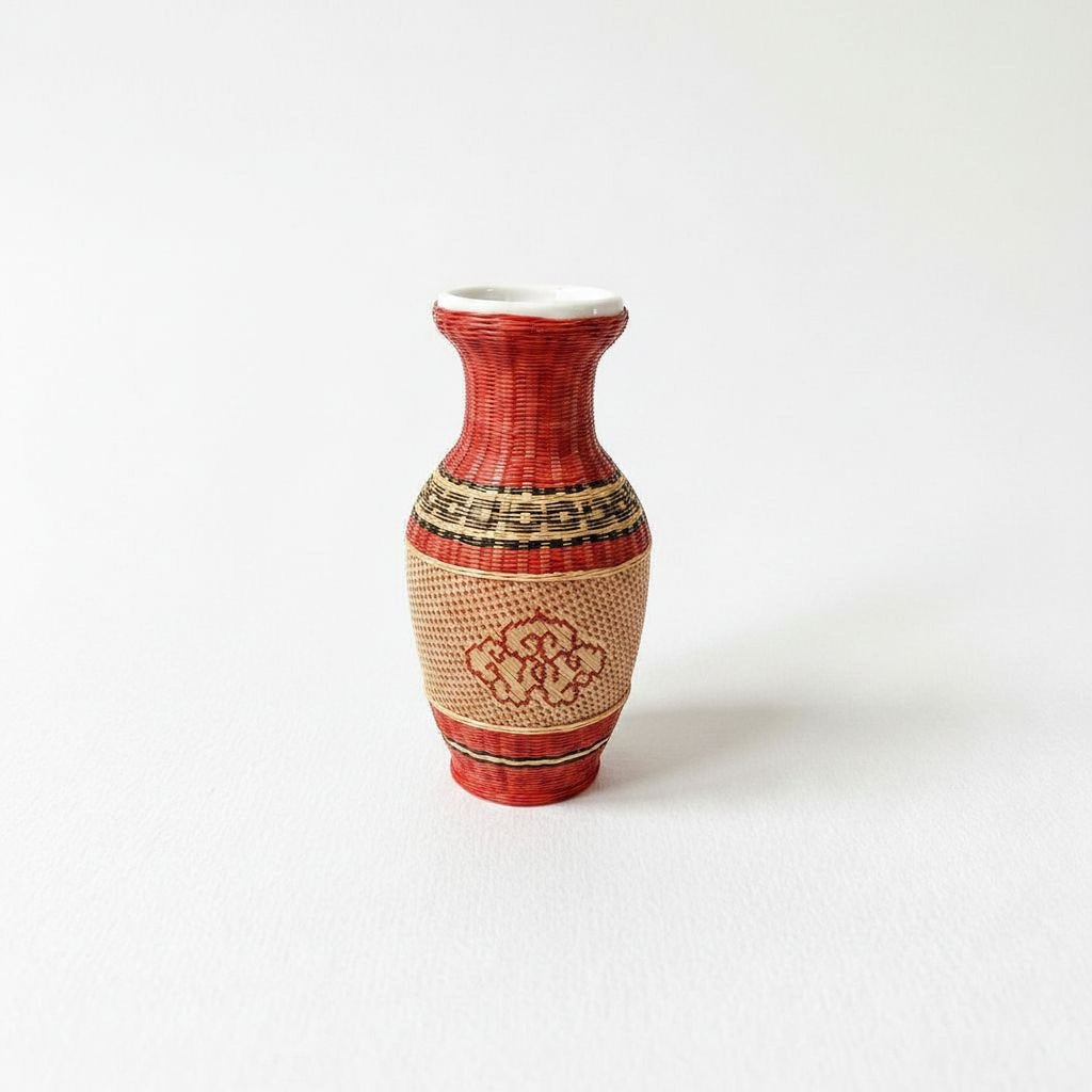 Woven Rattan Vase - Mid Century Decor | Handwoven Flower Holder, Boho Style Vase