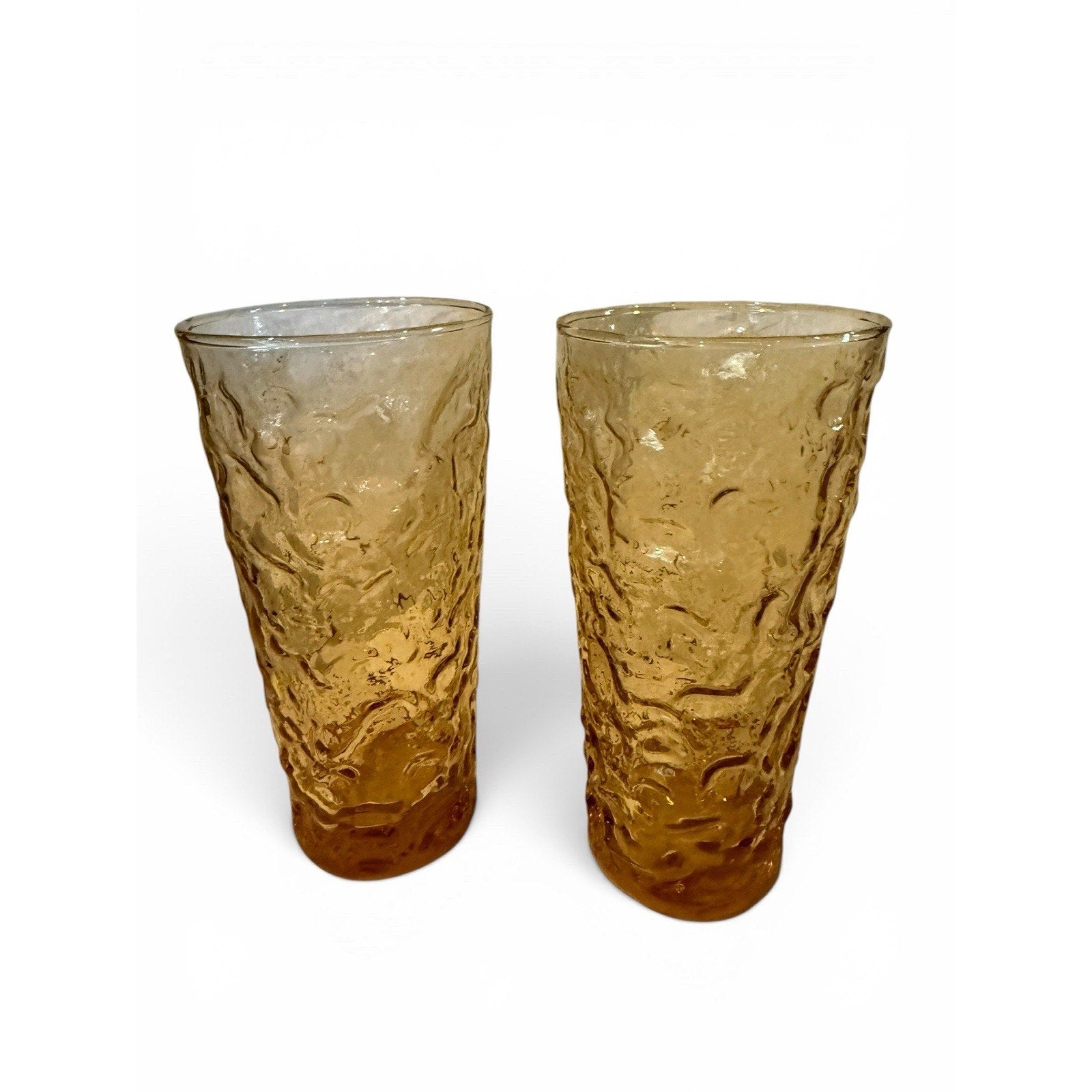 2 ANCHOR HOCKING Lido Milano Amber Honey Gold Crinkle Glass Iced-Tea Tumblers