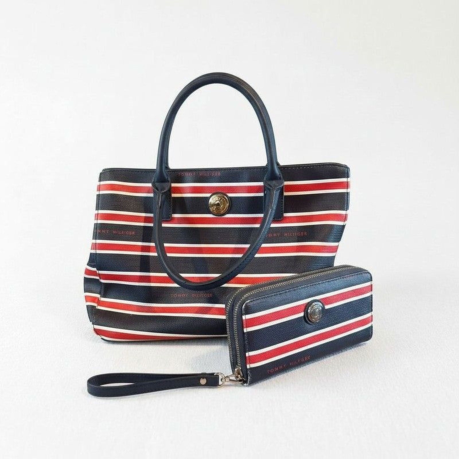 Tommy Hilfiger Purse - Navy Canvas Satchel With Gold Hardware & Zip Closure