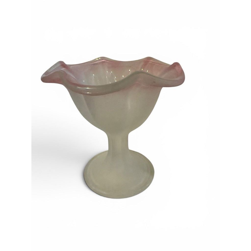Vintage Pink Rim Frosted Glass Compote Pedestal Candy Dish