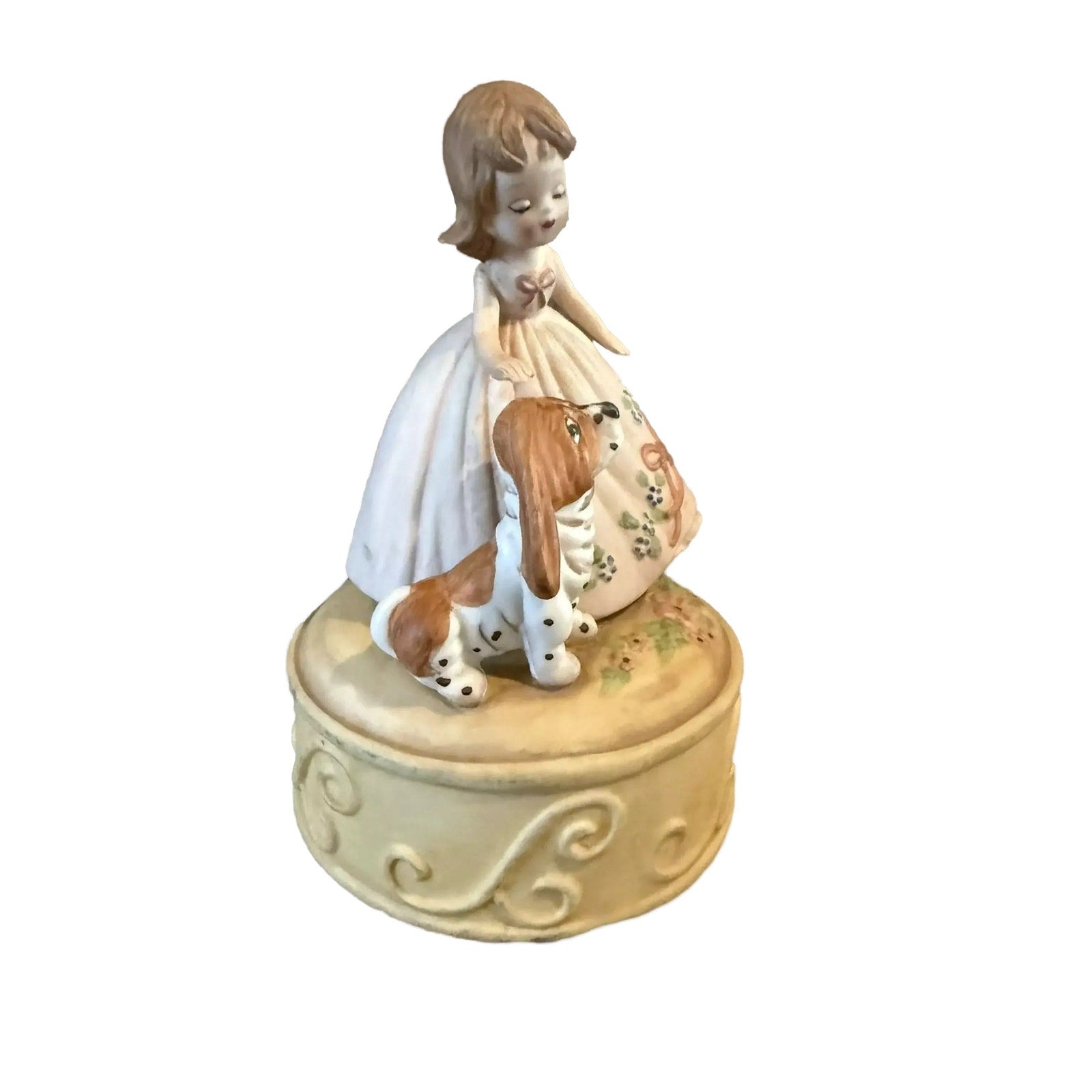 Vintage 1970s Girl with Dog Music Box - Hand-Painted Porcelain Figurine