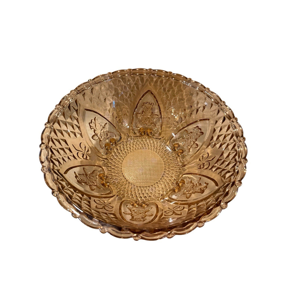 Kig Glass 10" Serving Bowl, Transparent Blush, Vintage, Fleur-De-Lis & Roses