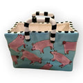 Vintage 1999 Patricia Dupont Hand Painted Ceramic Vase Bag Pig Basket 4x6”