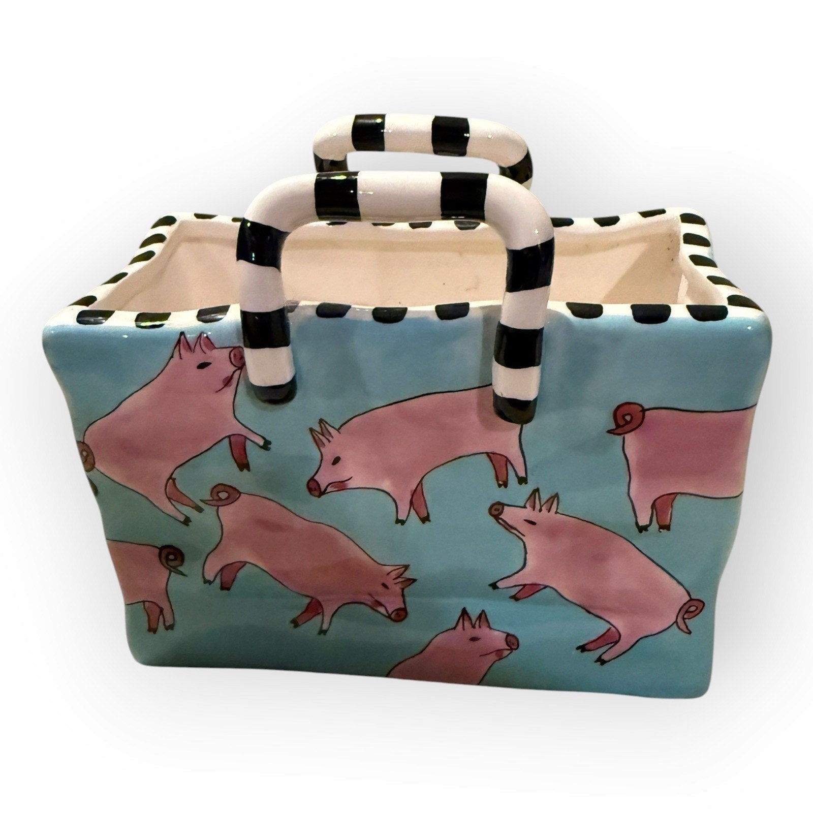 Vintage 1999 Patricia Dupont Hand Painted Ceramic Vase Bag Pig Basket 4x6”