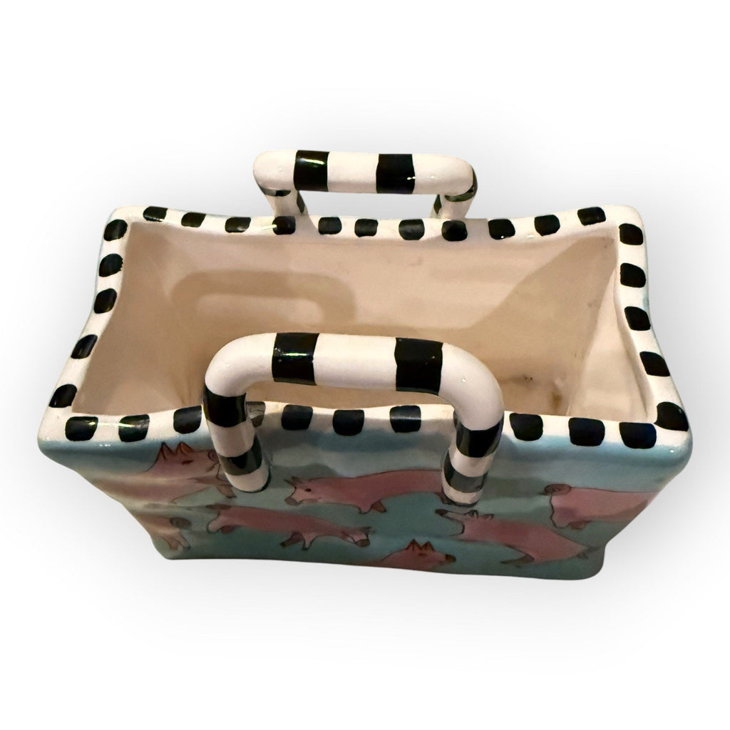 Vintage 1999 Patricia Dupont Hand Painted Ceramic Vase Bag Pig Basket 4x6”
