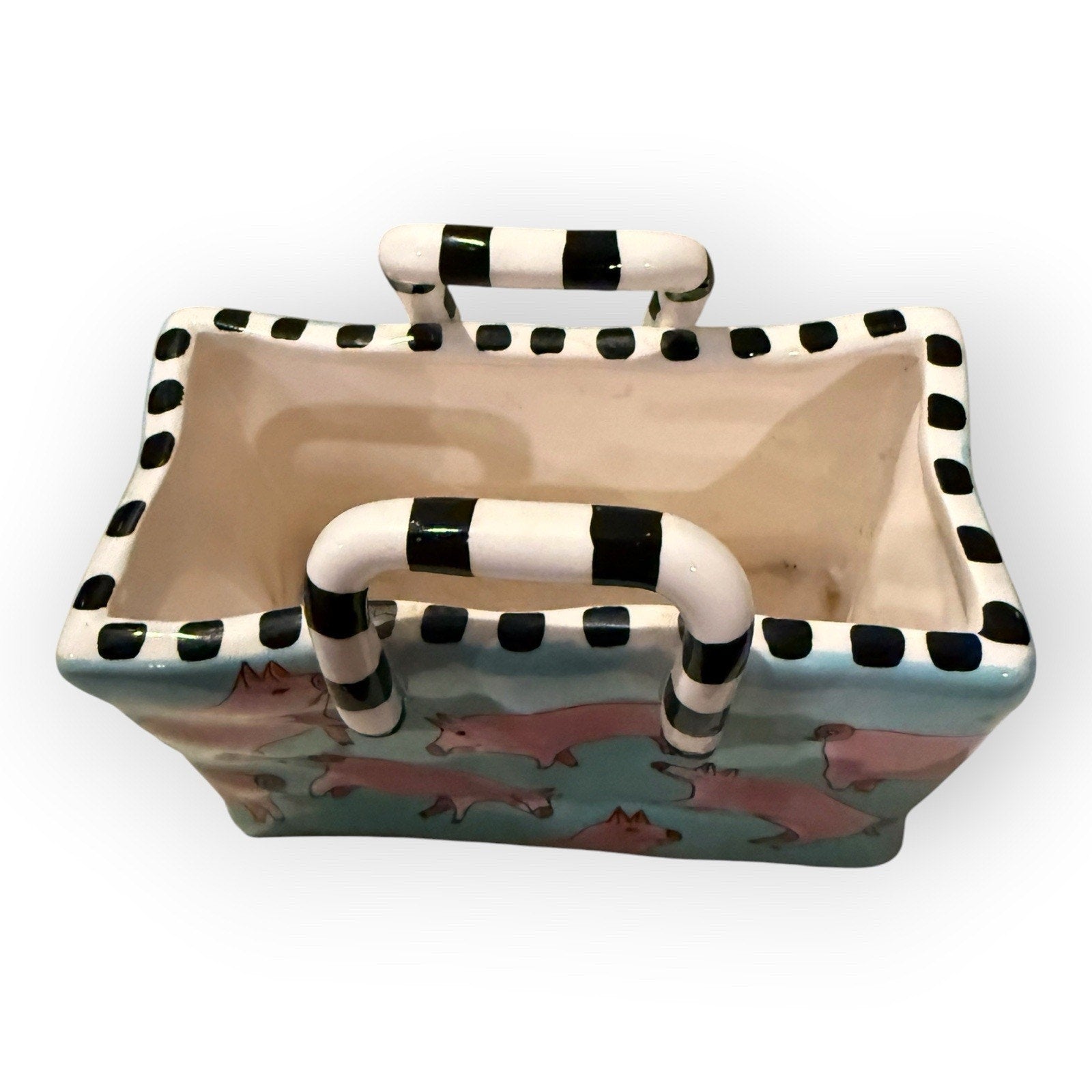 Vintage 1999 Patricia Dupont Hand Painted Ceramic Vase Bag Pig Basket 4x6”